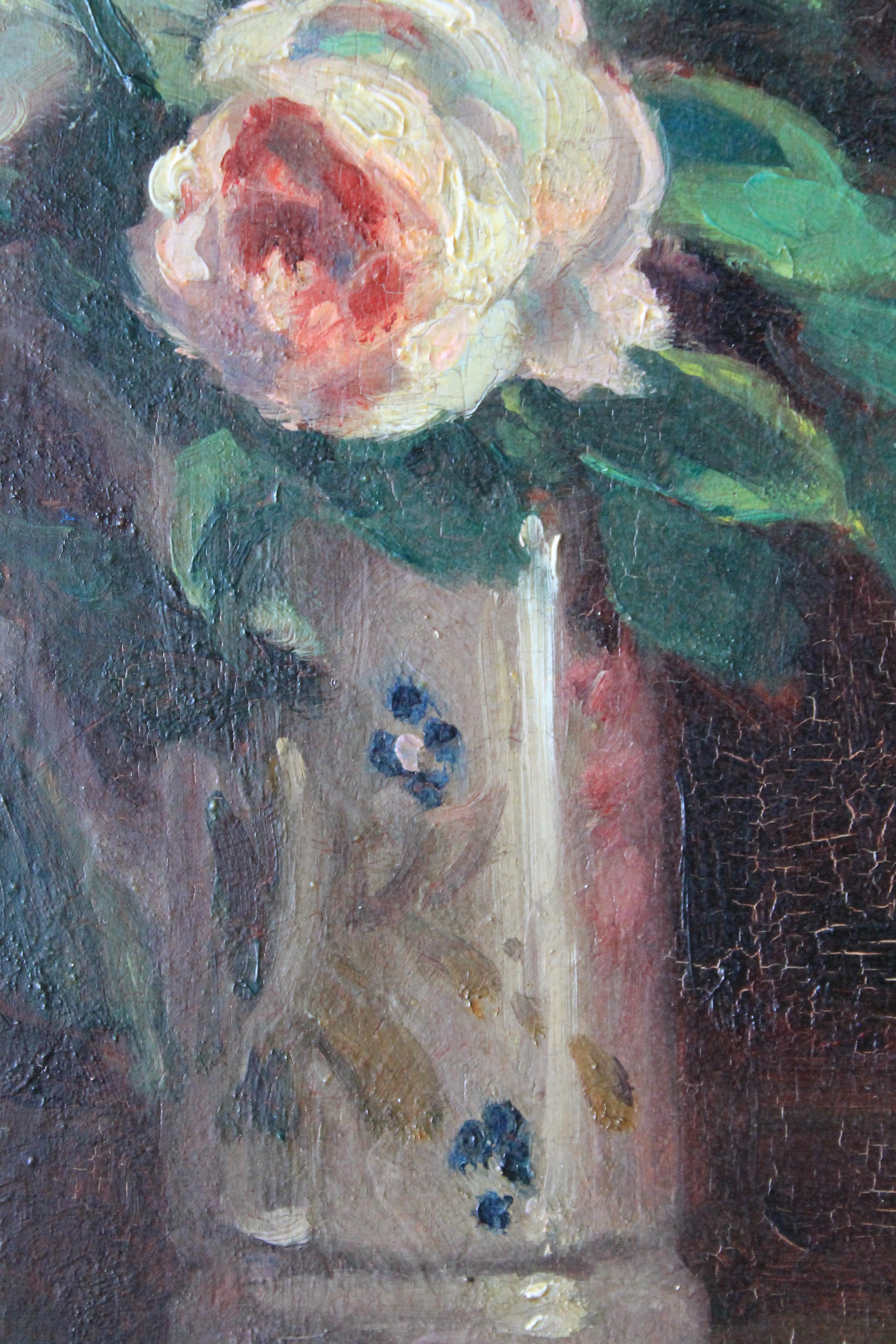 Antique pittura ad olio di nature morte di rose di un artista francese,  Andre Leon Albertin 2