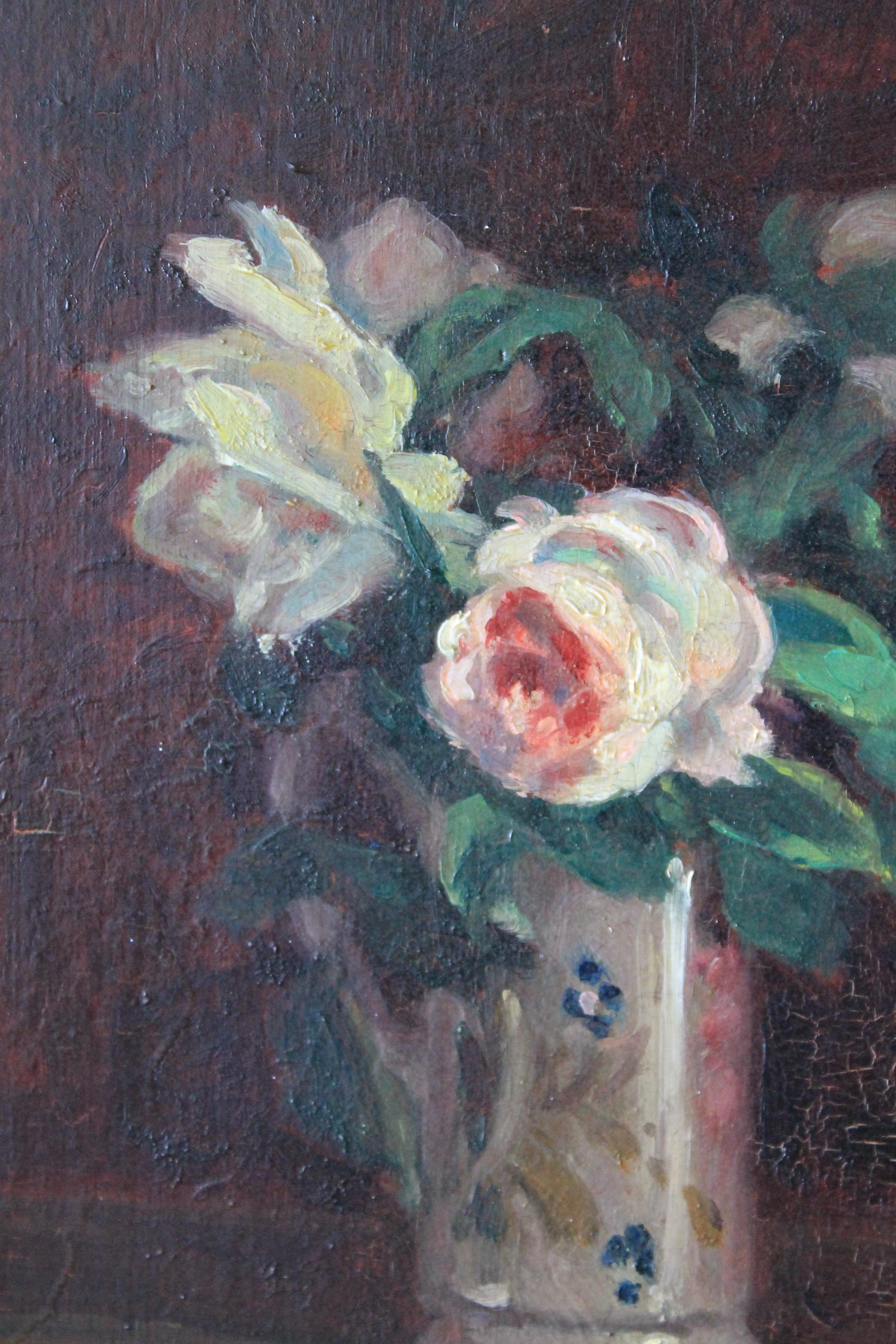 Antique pittura ad olio di nature morte di rose di un artista francese,  Andre Leon Albertin 3