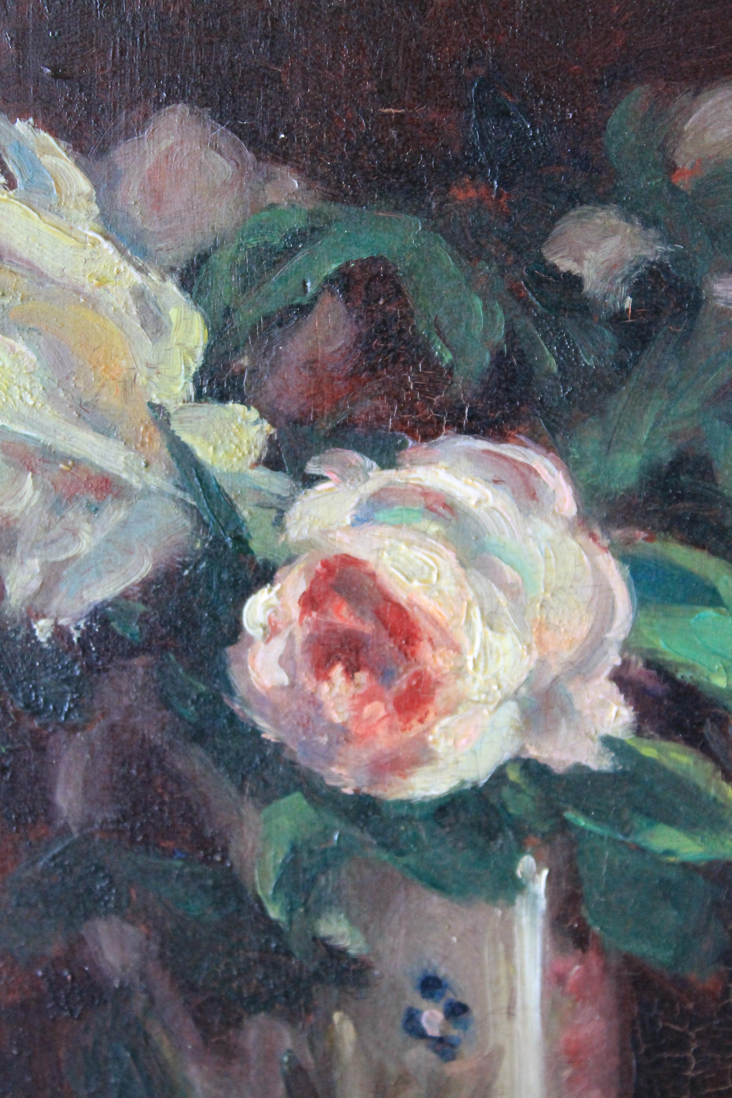 Antique pittura ad olio di nature morte di rose di un artista francese,  Andre Leon Albertin 4