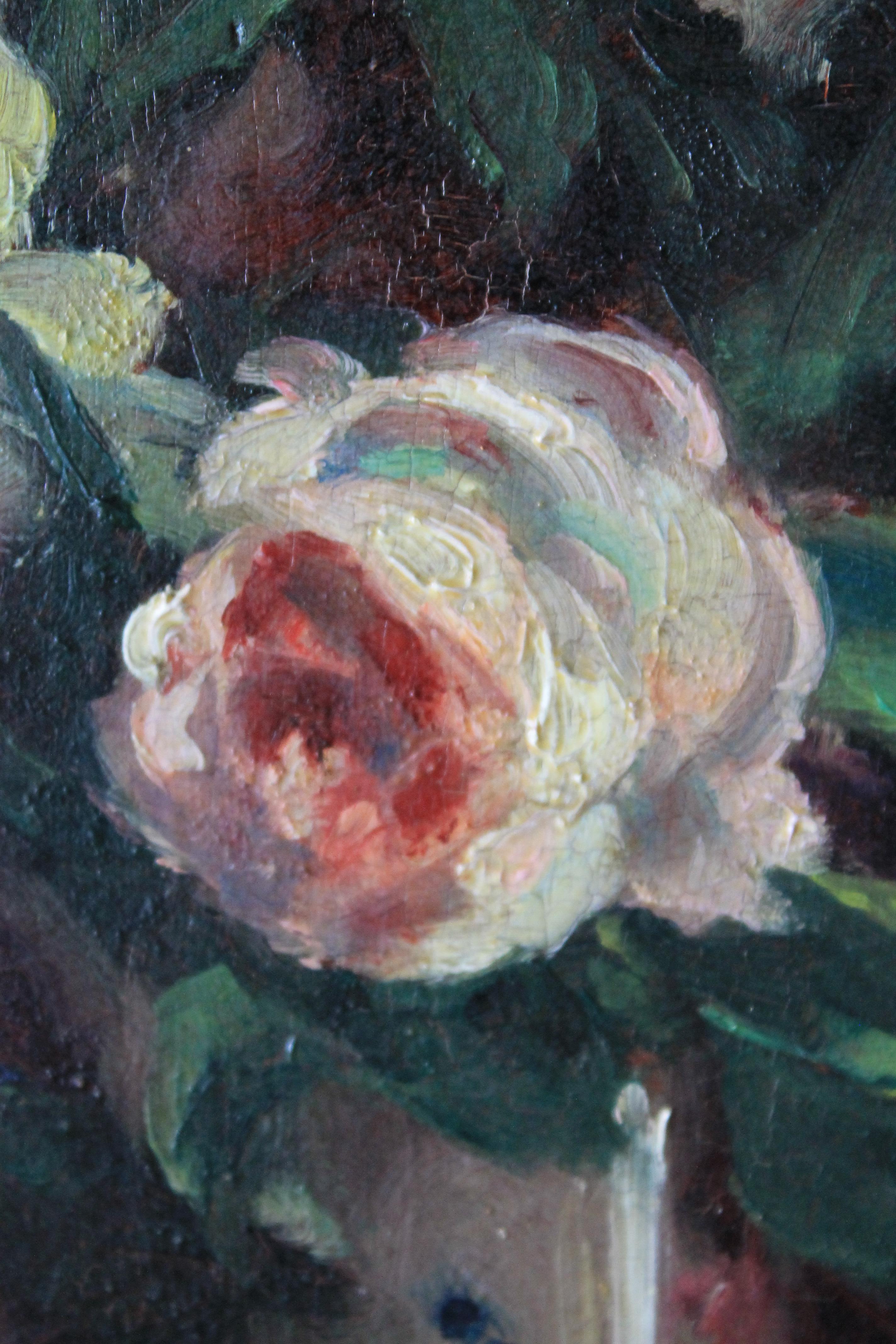 Antique pittura ad olio di nature morte di rose di un artista francese,  Andre Leon Albertin 5