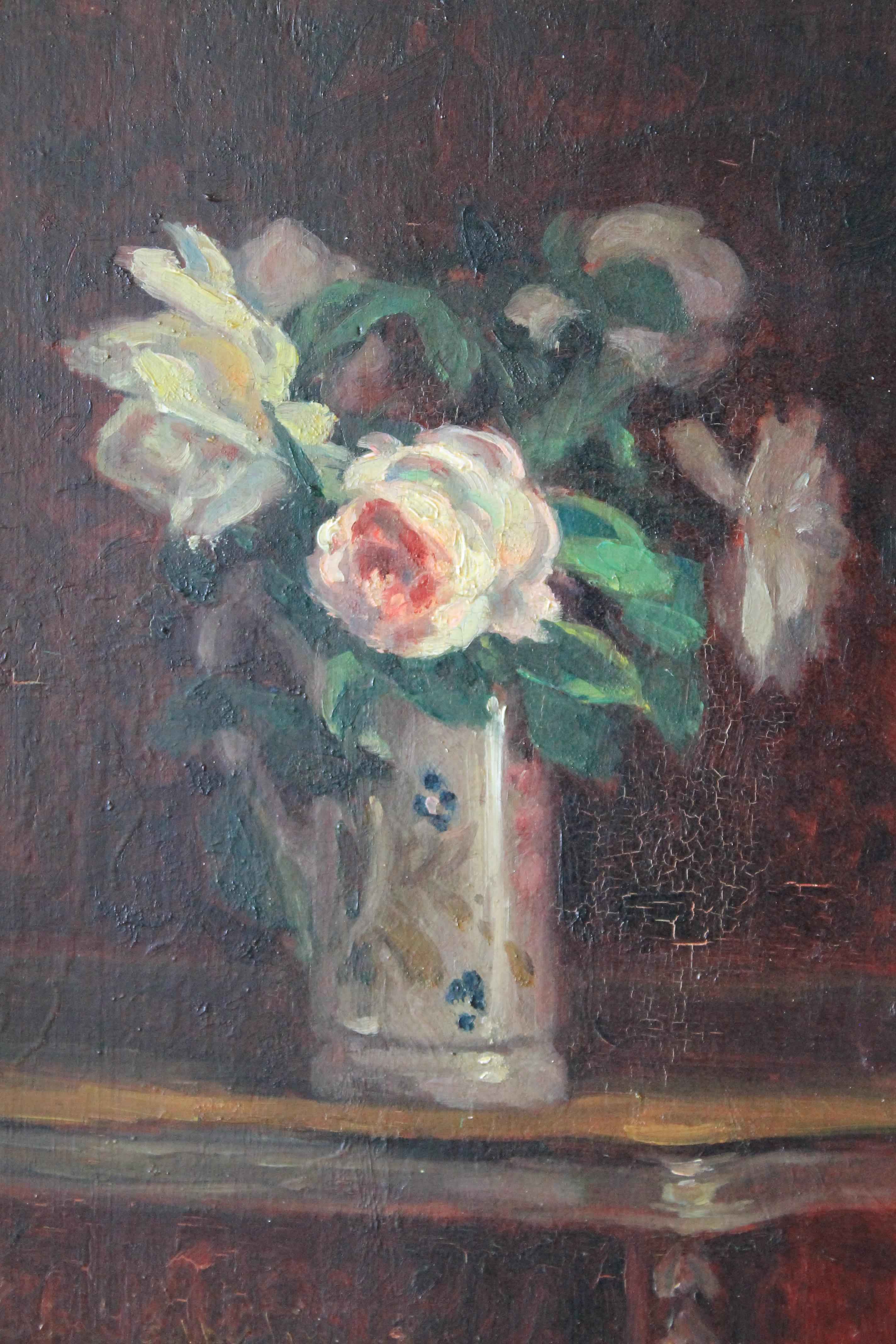 Still-Life Painting di Andre Leon Albertin  - Antique pittura ad olio di nature morte di rose di un artista francese,  Andre Leon Albertin