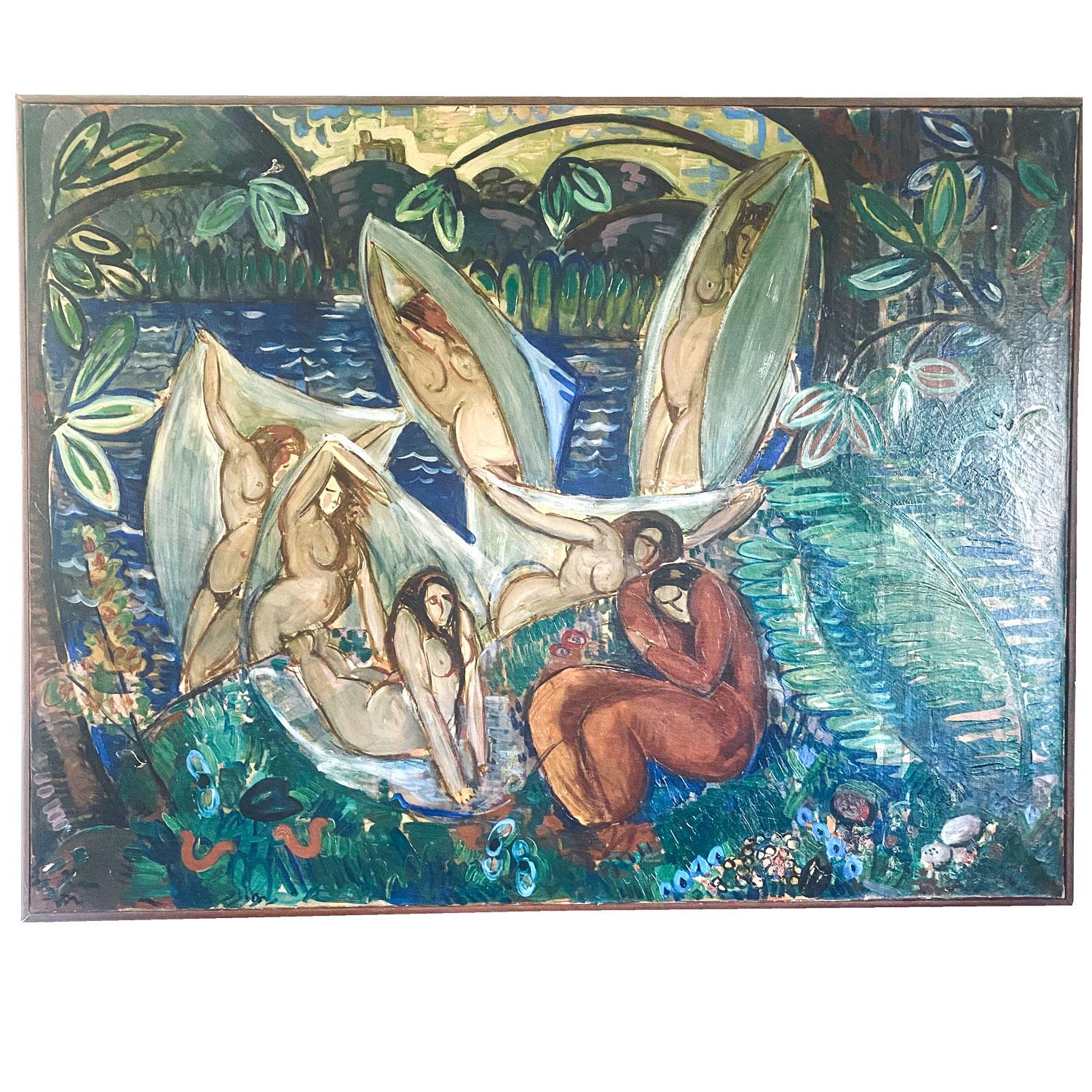 Français André Leon Chabert Peinture cubiste représentant des femmes nues se baignant en vente