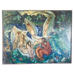 Antique André Leon Chabert Cubist painting representing naked women bathing