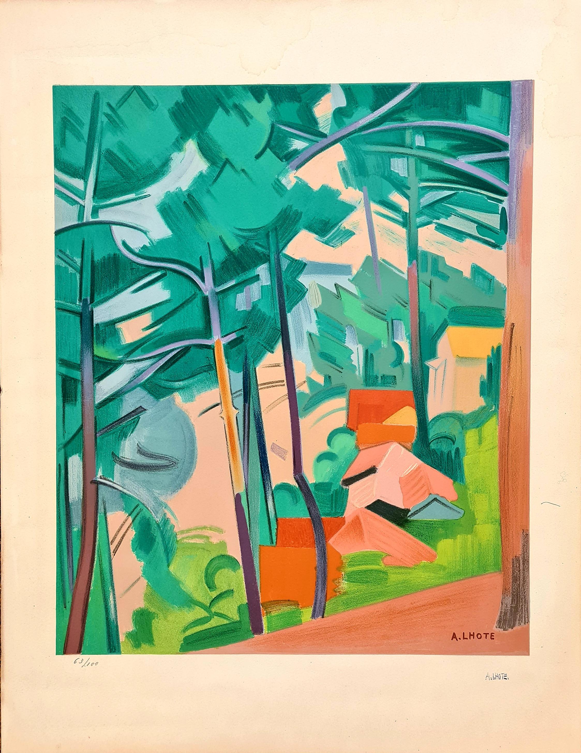 Cubiste Landscape, Les Arbres au Piquey, Limited Edition with Atelier Stamp - Print by Andre L'Hote