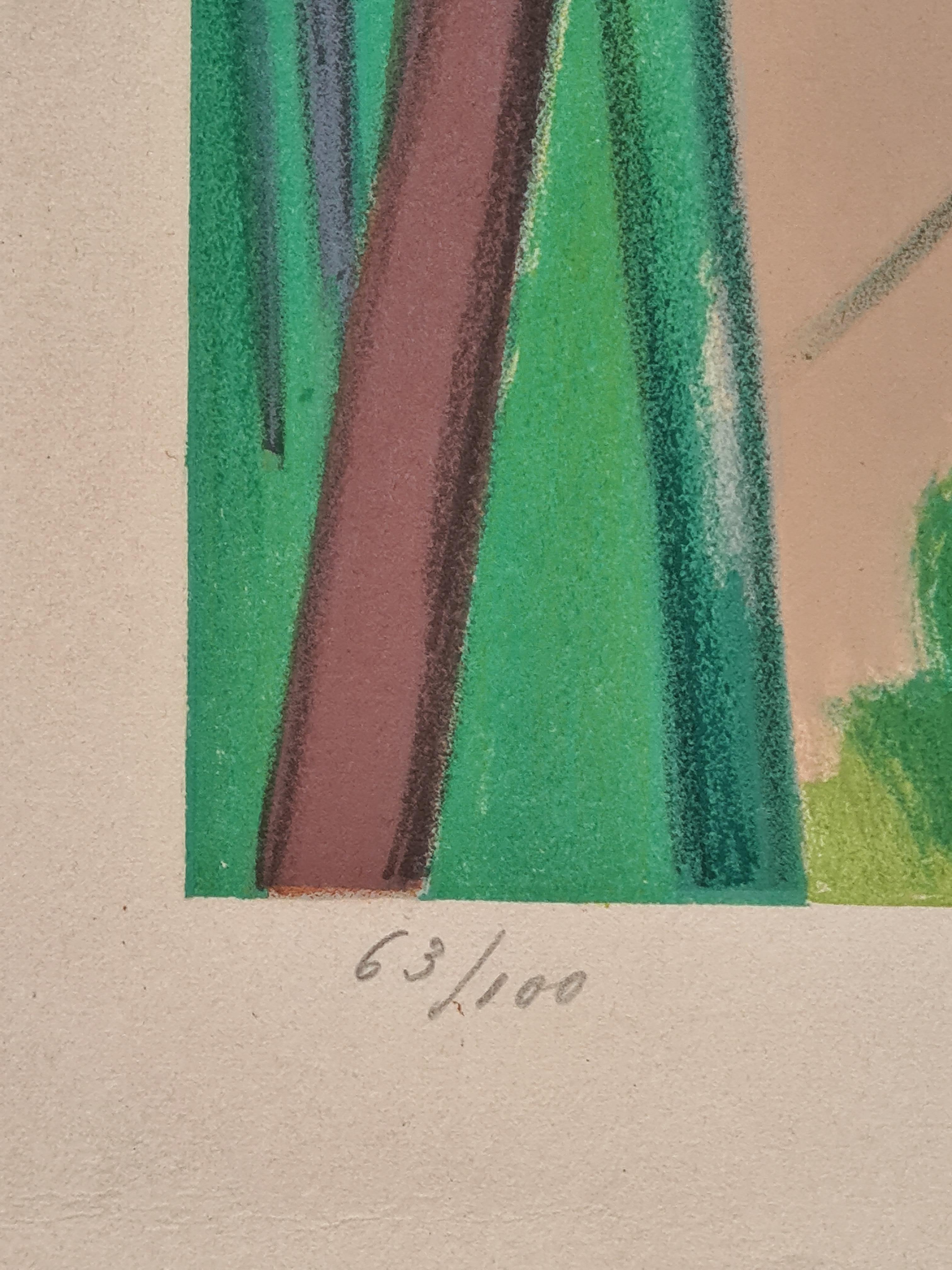 Mid 20th century cubist landscape limited edition lithograph after André Lhote. The work is pencil number 53 from an edition of 100, is signed 'dans la planche' and also carries the artists atelier cachet stamp outside the image. 

This artwork