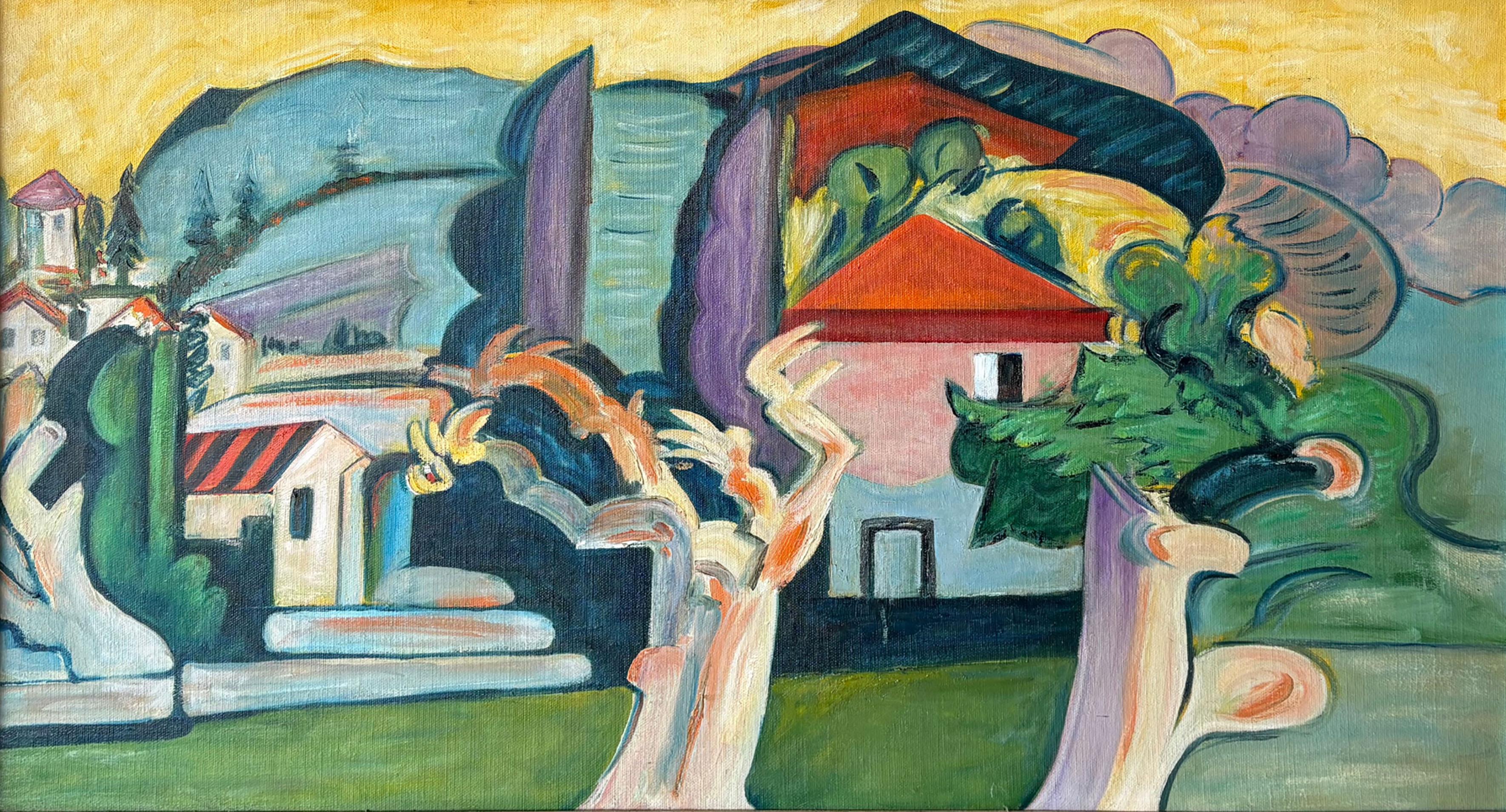 Vintage Französisch modernistischen Südfrankreich Landschaft Ölgemälde aus dem Kreis der Andre LHote.   Offensichtlich unsigniert.  Sehr fein gemalt.  Öl auf Leinwand, auf Karton aufgezogen. Gerahmt. Messen: 40 x 60 cm insgesamt und 30 x 50 cm für