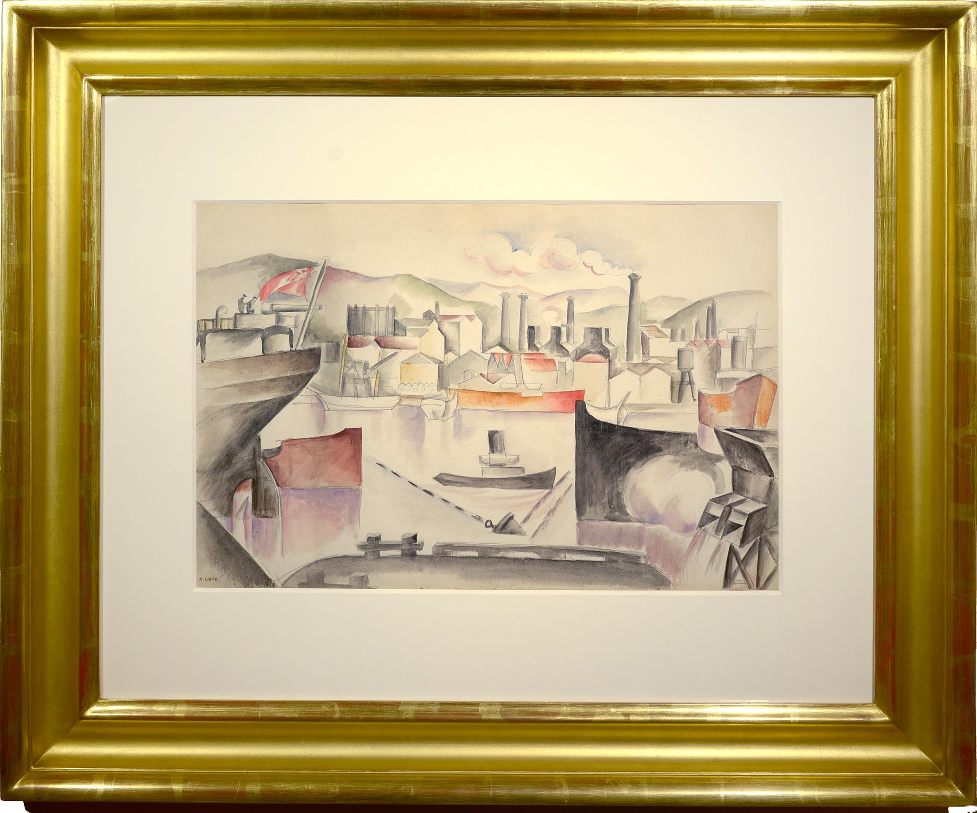 Harborfront, ca. 1915-1917, Important French Cubist Modernist Watercolor, City - Painting by André Lhote