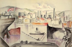 "Harborfront, " ca. 1915-1917, Important French Cubist Modernist Watercolor, City
