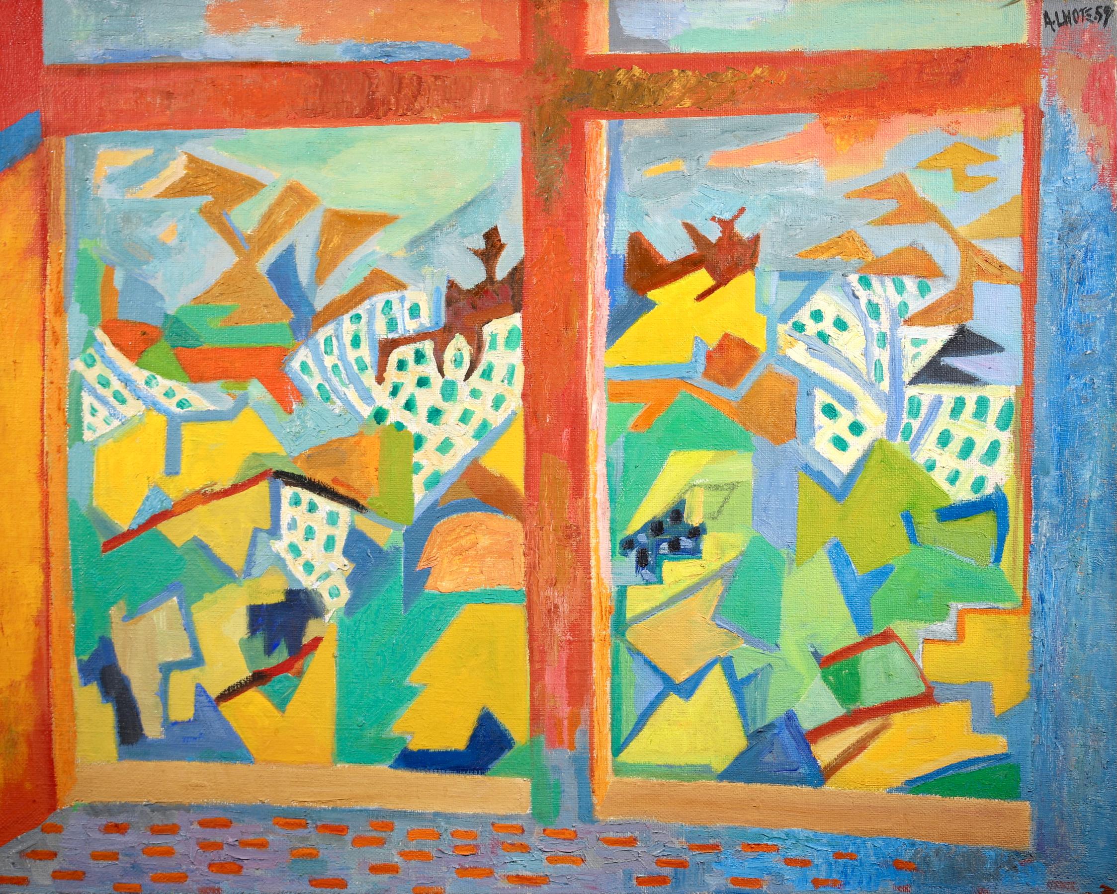 Signed and dated oil on canvas landscape by French cubist painter André Lhote. The piece depicts a view of a mountainous landscape from a Mullion window - a decorative with a vertical element which forms a division between the units of