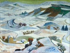 Neige a Gordes - Huile cubiste du 20e siècle, paysage d'hiver enneigé par Andre Lhote