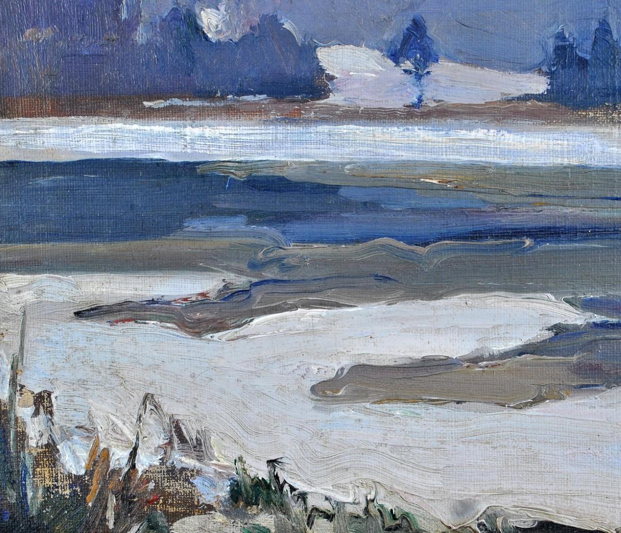 A beautiful 1930's Belgian impressionist oil on canvas winter landscape by Andre Lynen. Excellent quality and condition landscape in soft muted tones and lovely use of impasto. Signed lower right. Presented in a fine swept frame.

Artist: Andre