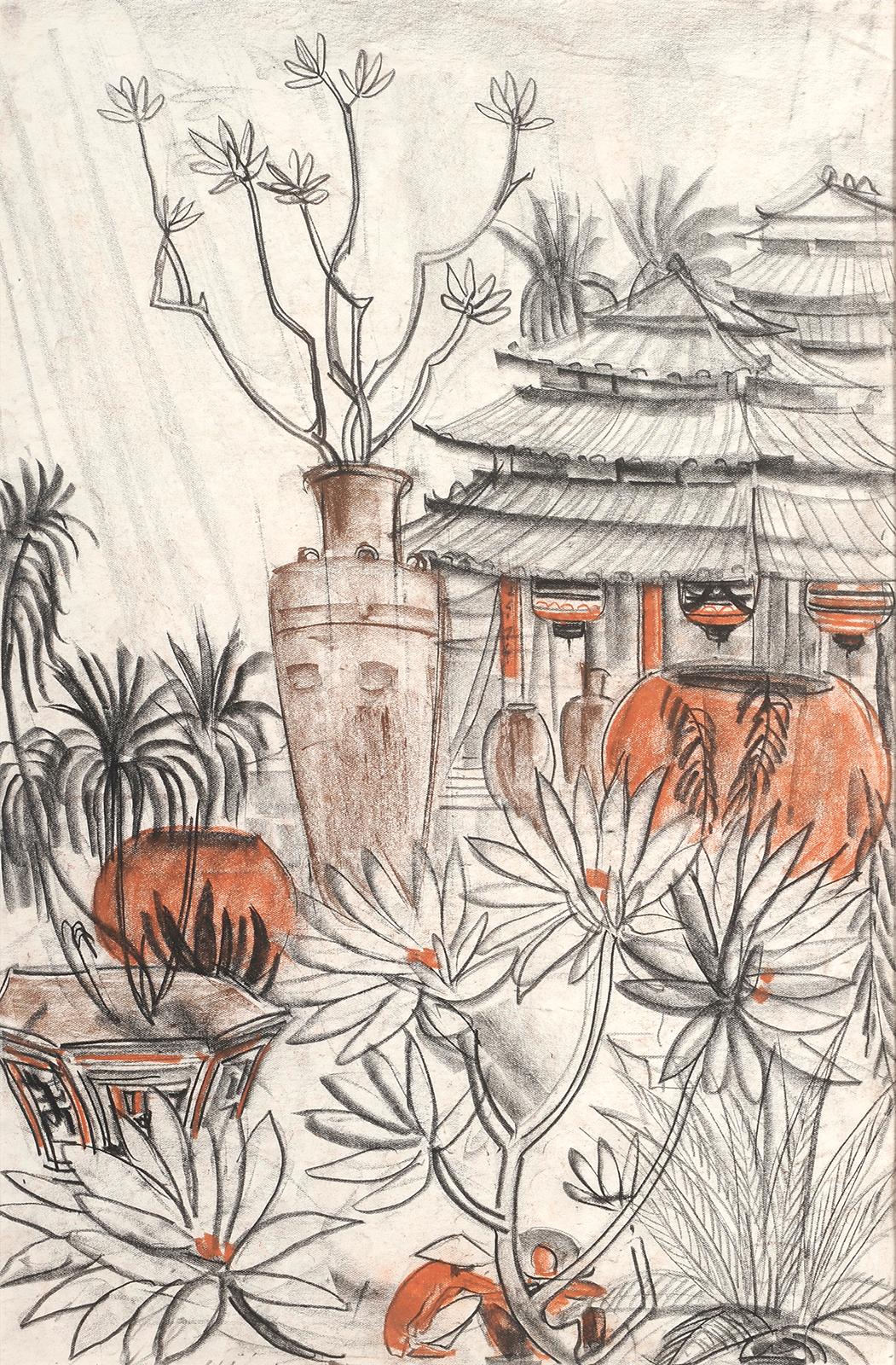 Landscape with pagodas in Vietnam - Painting de André Maire