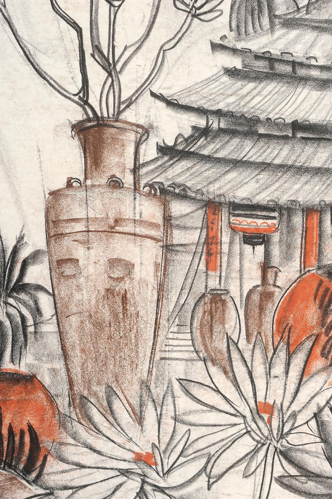 Landscape with pagodas in Vietnam - Painting Escuela francesa de André Maire