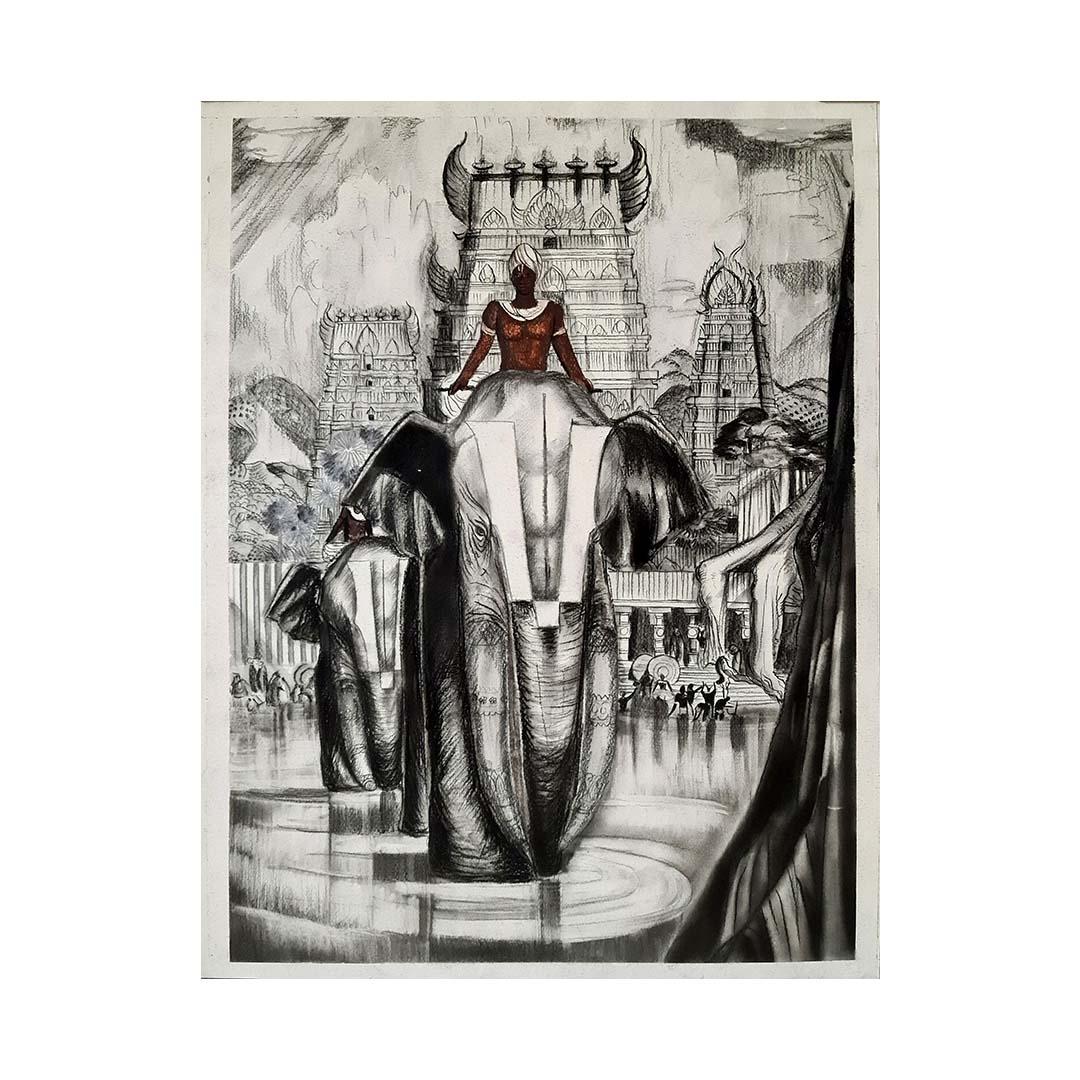 Vers 1941 dessin d'après André Maire : Les éléphants sacrés - Madurai en vente 1