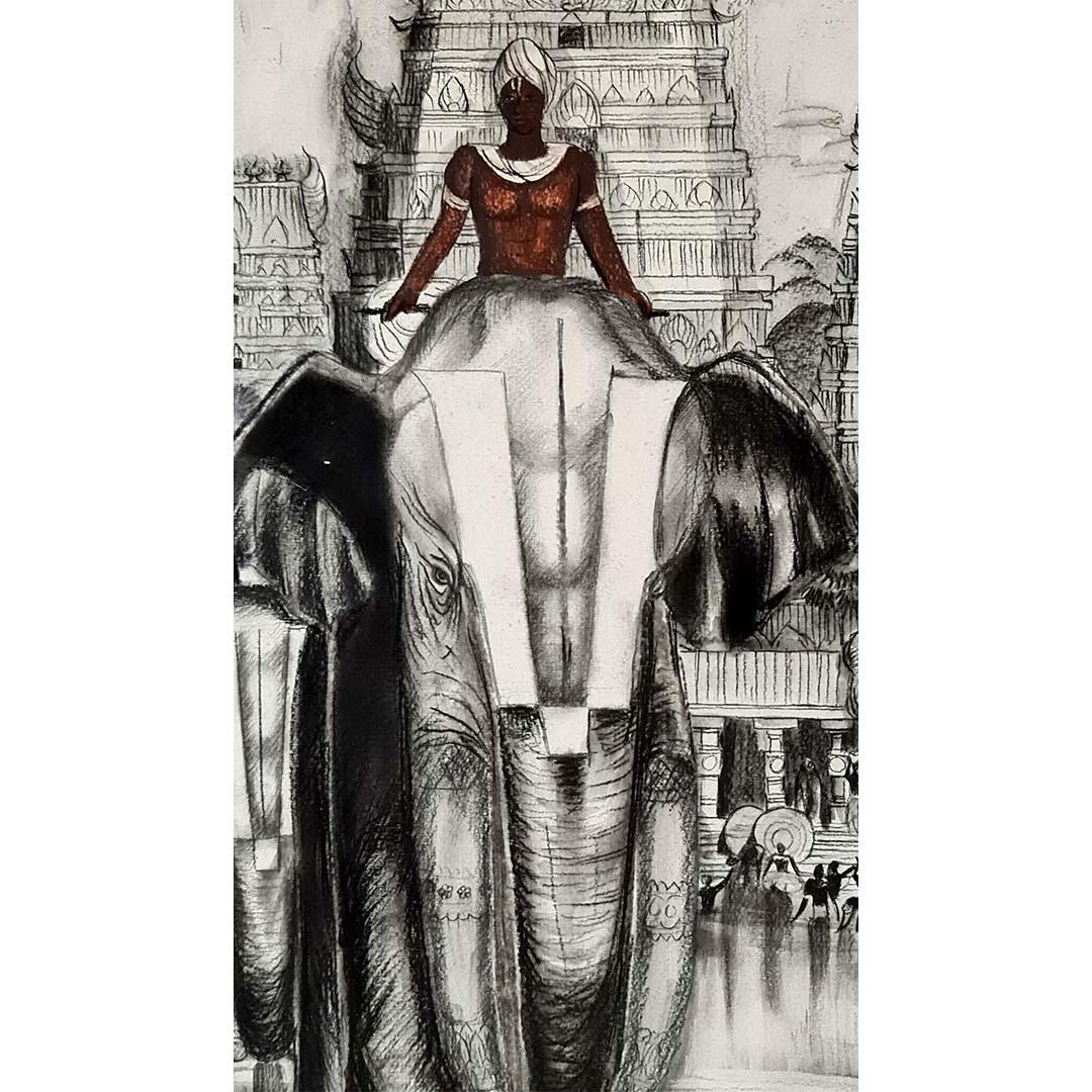 Vers 1941 dessin d'après André Maire : Les éléphants sacrés - Madurai en vente 3