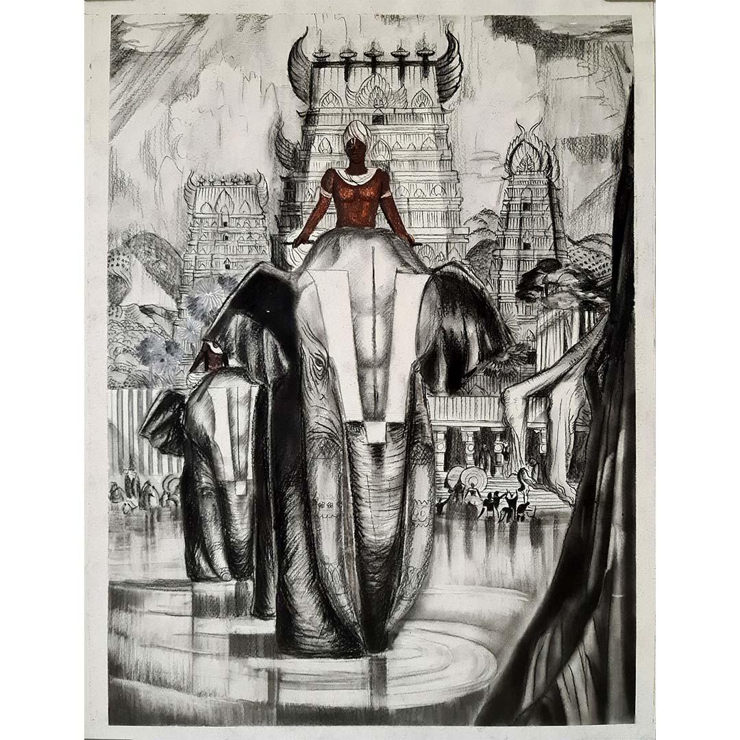 Ce dessin datant de 1941, Les éléphants sacrés - Madurai, réalisé dans le style de Maire André, capture magnifiquement la grandeur et l'essence spirituelle de l'une des villes les plus sacrées de l'Inde. Avec pour toile de fond l'architecture
