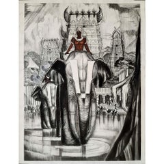 Vintage Circa 1941 drawing after André Maire : Les éléphants sacrés - Madurai