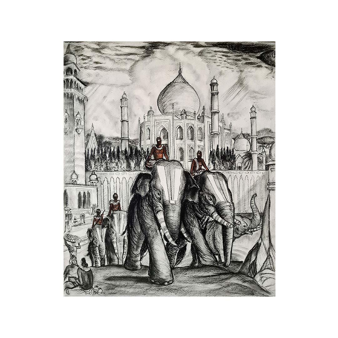 Circa 1942 drawing after André Maire : Les éléphants sacrés – Agra Inde For Sale 1