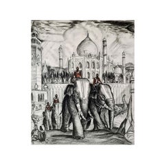 Circa 1942 drawing after André Maire : Les éléphants sacrés – Agra Inde