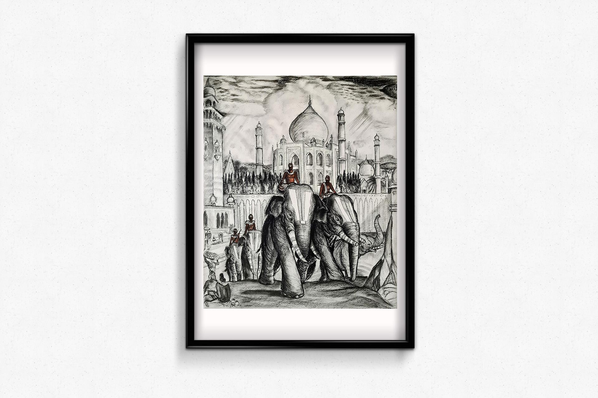 Circa 1942 drawing after André Maire : Les éléphants sacrés – Agra Inde For Sale 3