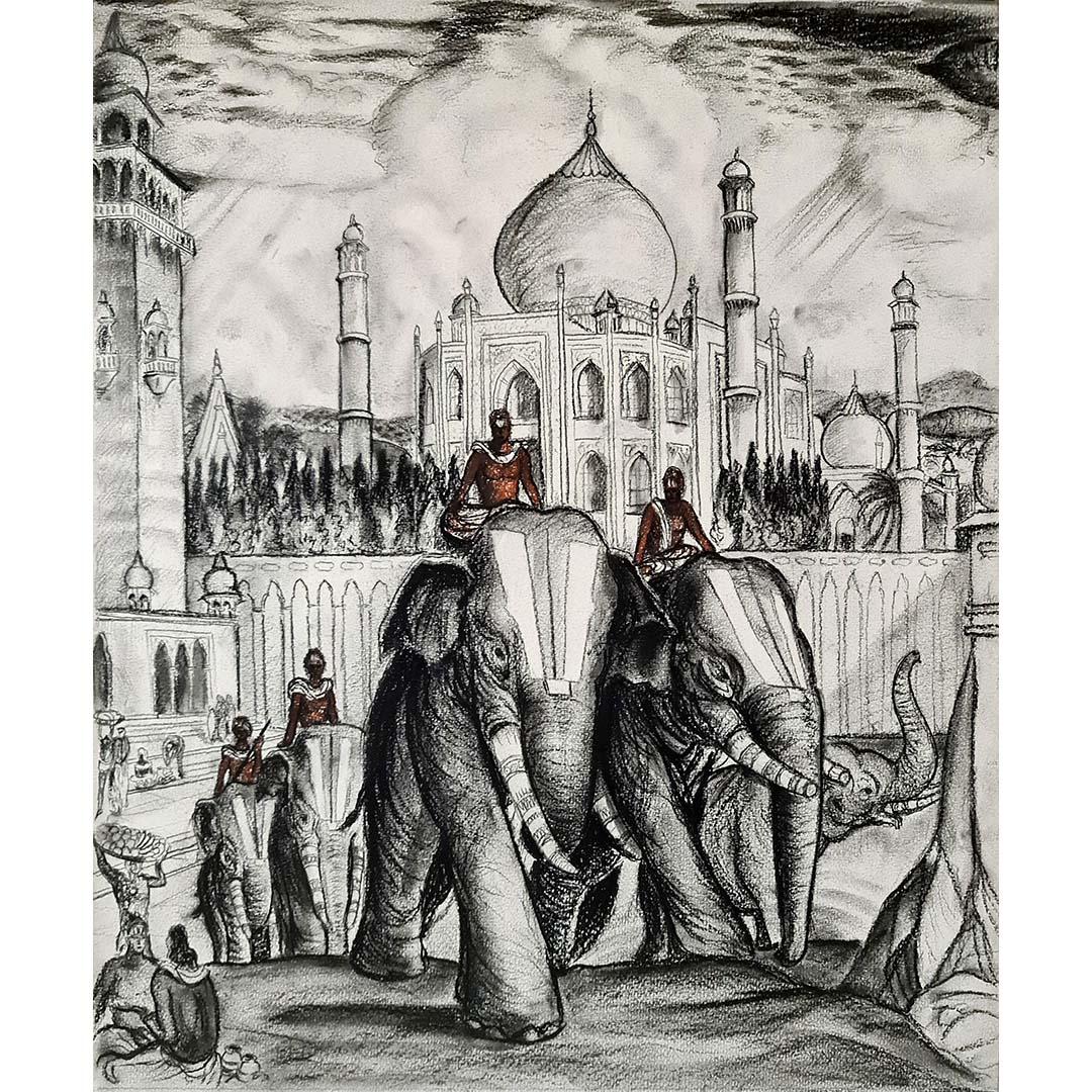 Circa 1942 drawing after André Maire : Les éléphants sacrés – Agra Inde