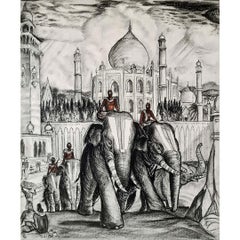 Vintage Circa 1942 drawing after André Maire : Les éléphants sacrés – Agra Inde