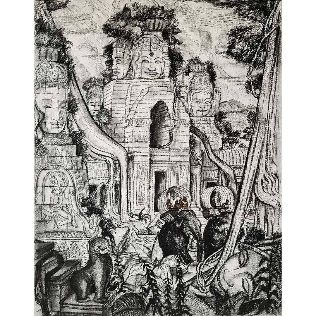 Questo disegno del 1950 circa, Vision du monde à Angkor - Temples, creato nello stile di André Maire, cattura la grandezza senza tempo dell'antico complesso di templi della Cambogia. La composizione trasporta lo spettatore nel cuore di Angkor, dove
