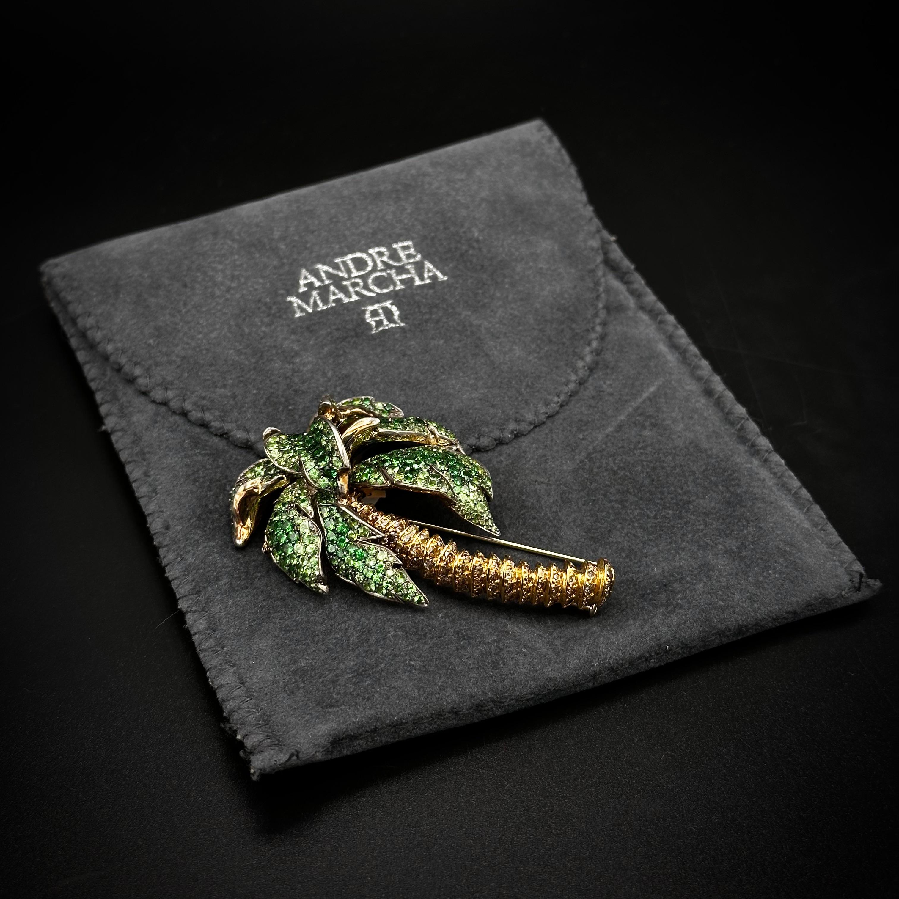 Contemporary Andre Marcha Palm Tree Green Tsavorite Garnet Yellow Brown Diamond Gold Brooch For Sale