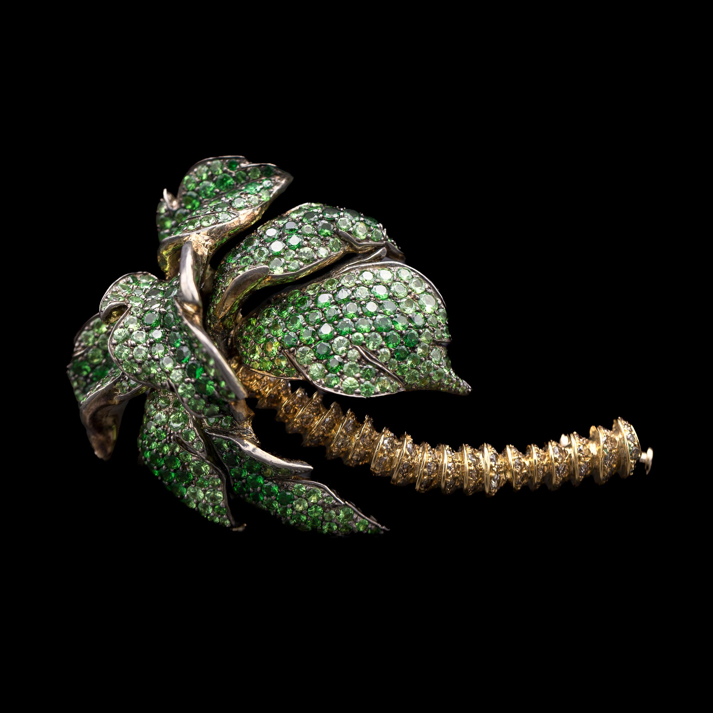 Andre Marcha Palm Tree Green Tsavorite Garnet Yellow Brown Diamond Gold Brooch In Good Condition For Sale In Lisbon, PT