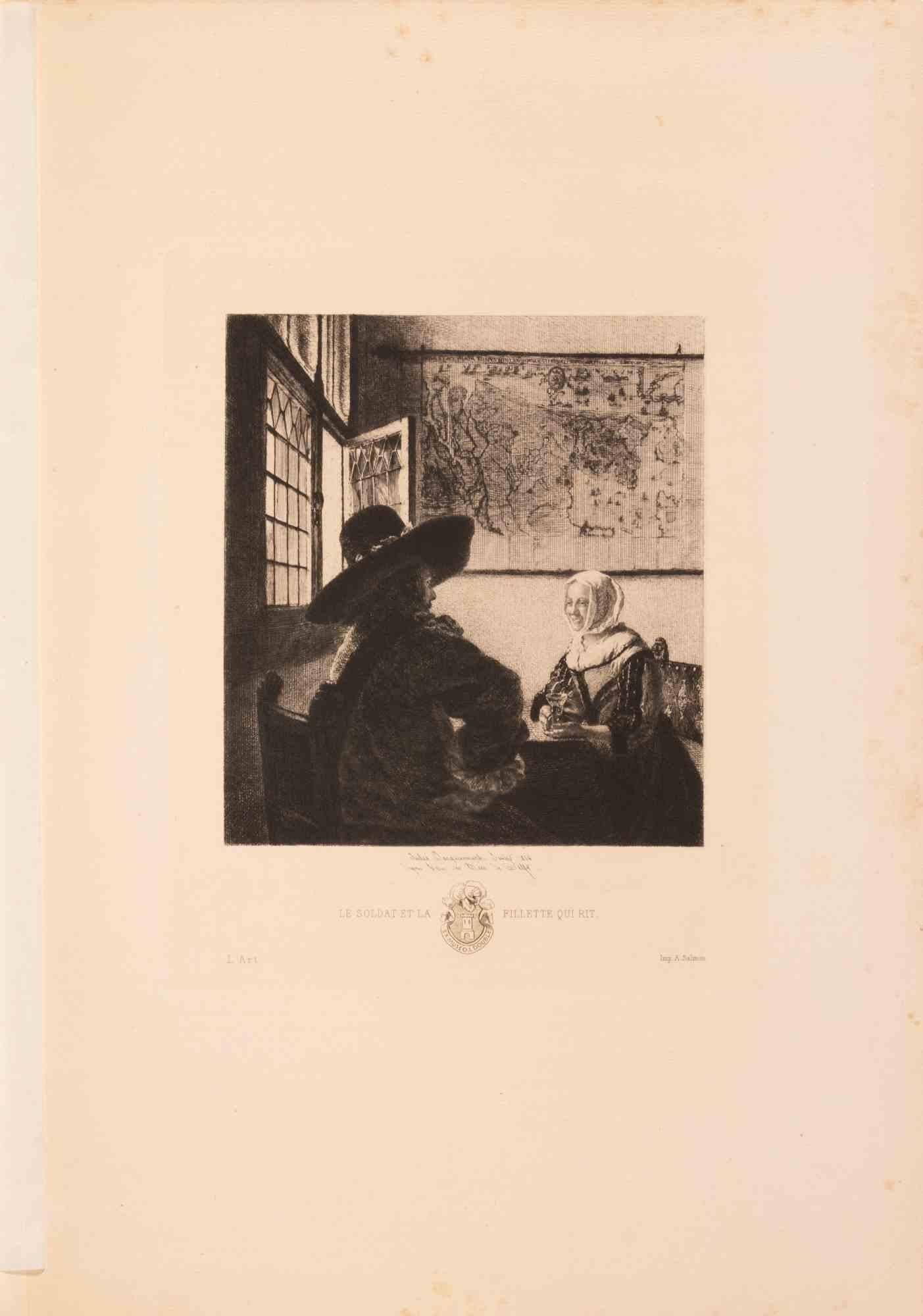 Etching and drypoint after Vermeer's The Soldier and the Laughing Girl (c. 1657).

Published in 1881 on "L'Art".

Very Good condition.

Ref.

L’Art, 1881, p. 301

I.F.F. 23

H.Bré, 268
