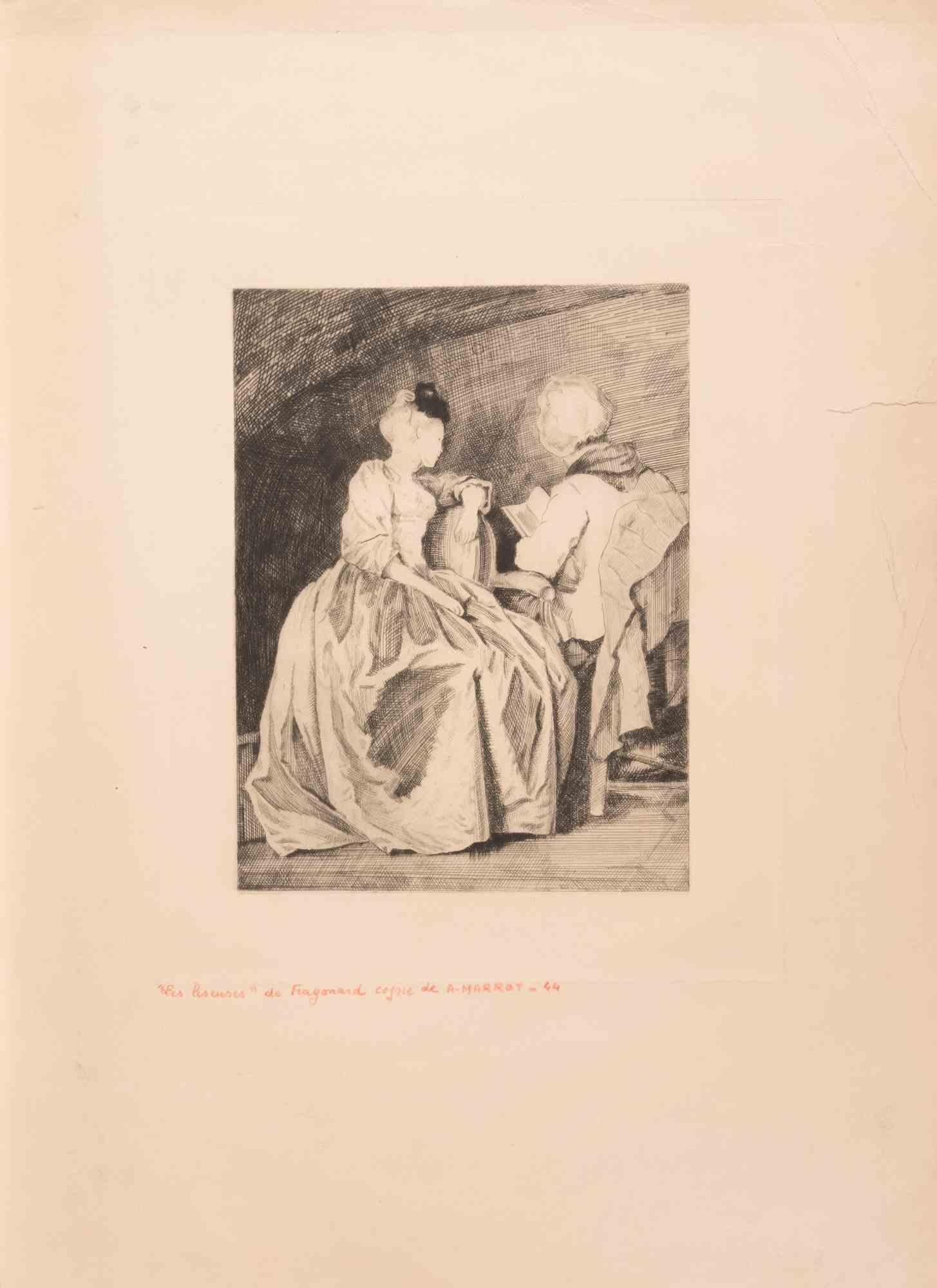 Etching on paper, realized after Fragonard in 1944.

Signed and dated in the plate.

Inscribed in red ink: “Les Liseuses de Fragonard, copie de A. Marrot – 44.”

A refined etching by André Marrot, interpreting Fragonard’s celebrated composition Les