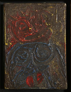 Deux Visages en Rouge et Bleu, Surrealist Oil on Canvas Painting