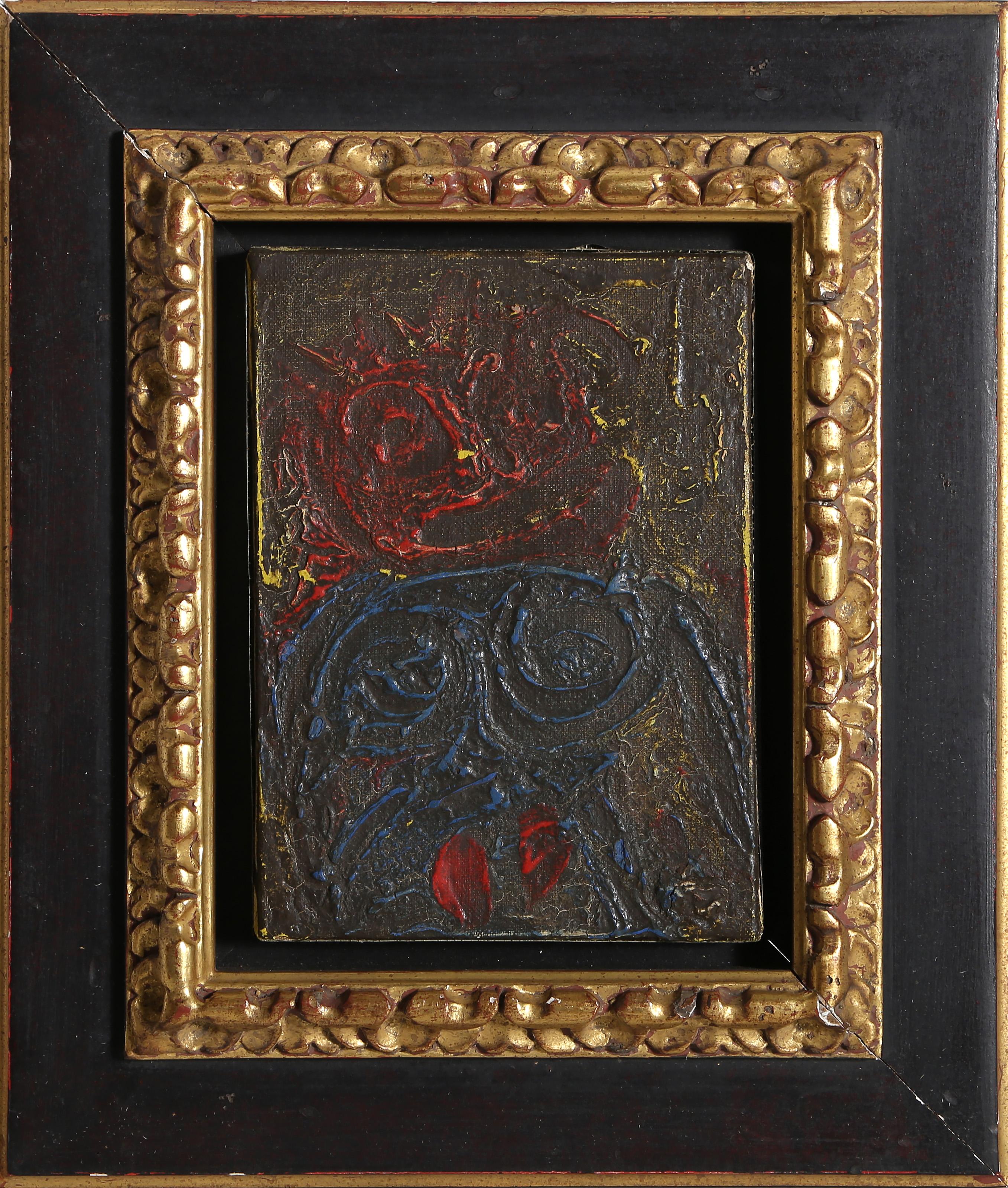 André Masson, French (1896 -1987) - Deux Visages en Rouge et Bleu, Year:  circa 1950, Medium:  Oil on Canvas, Size:  8.75 x 6.5 in. (22.23 x 16.51 cm), Frame Size:  15.25 x 13 inches, Description:  From the collection of the late Larry Saphire