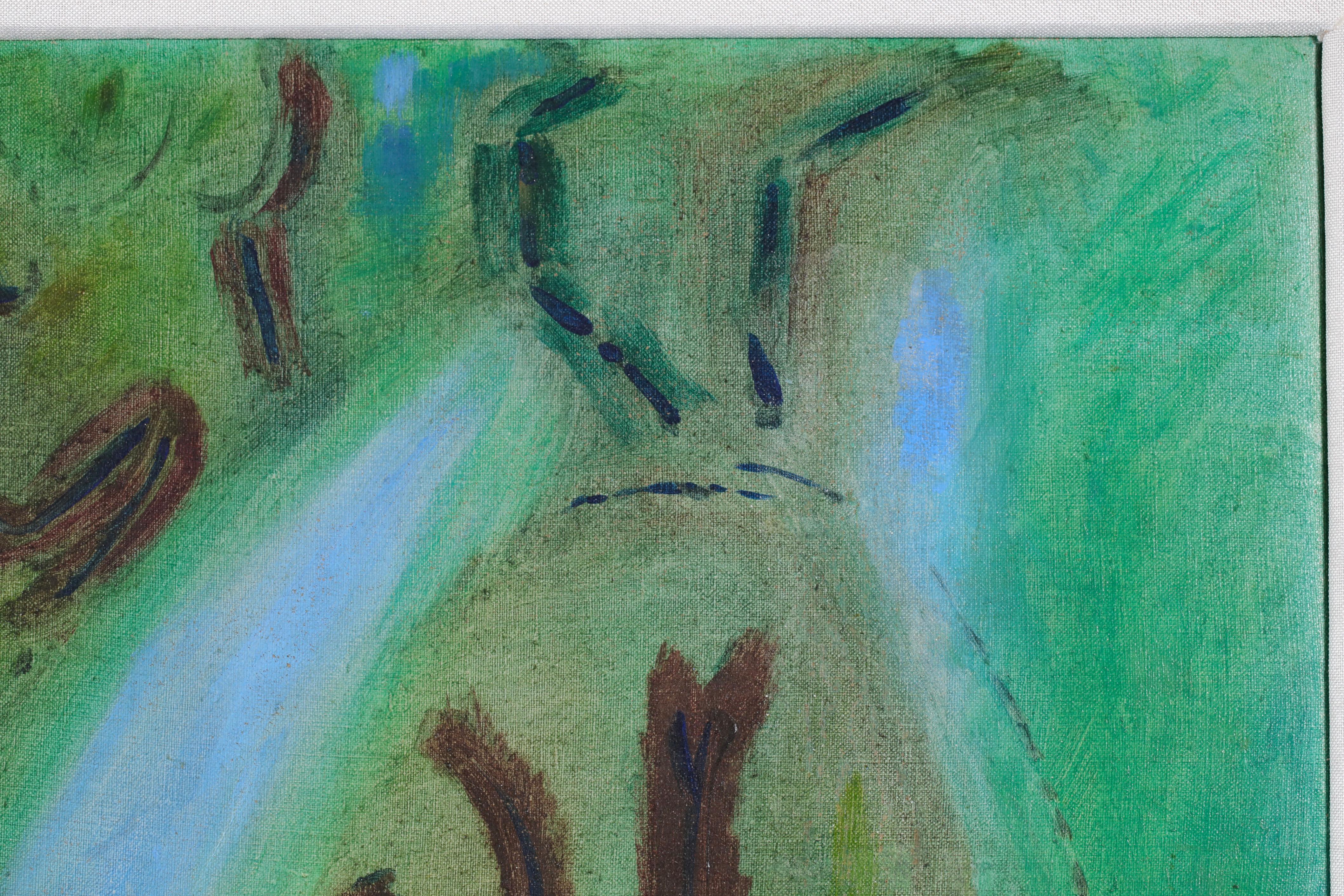 Huile sur toile signée par le peintre français Andre Masson, circa 1946. L'œuvre, peinte principalement en vert et en bleu, représente une vue de face d'une femme nue assise. 

Signature :
Signé en bas à gauche

Dimensions :
Encadré : 31.5
