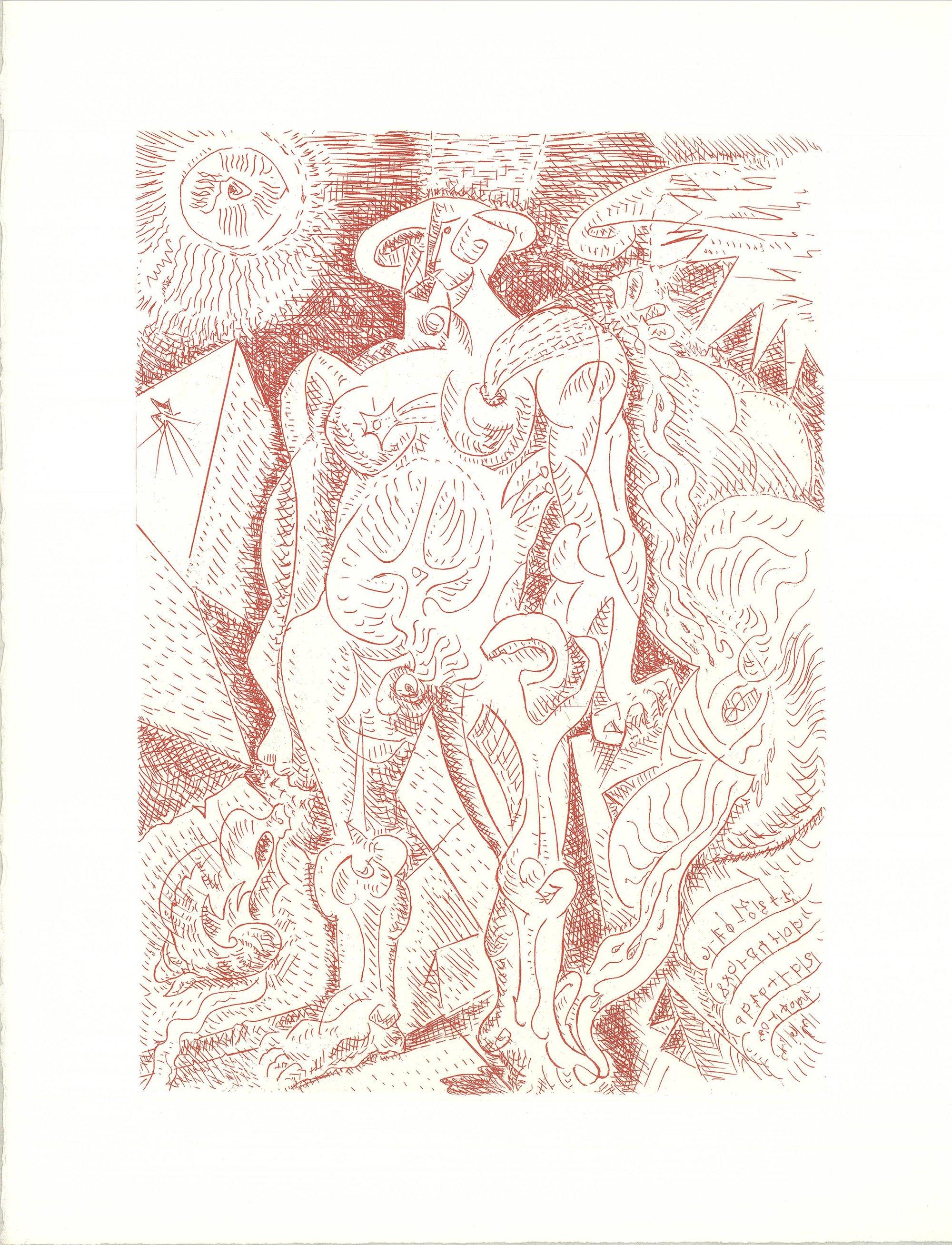1974 Andre Masson 'Le Septieme Chant' Kubistische Radierung in Weiß und Rot, Frankreich, 1974 – Print von André Masson
