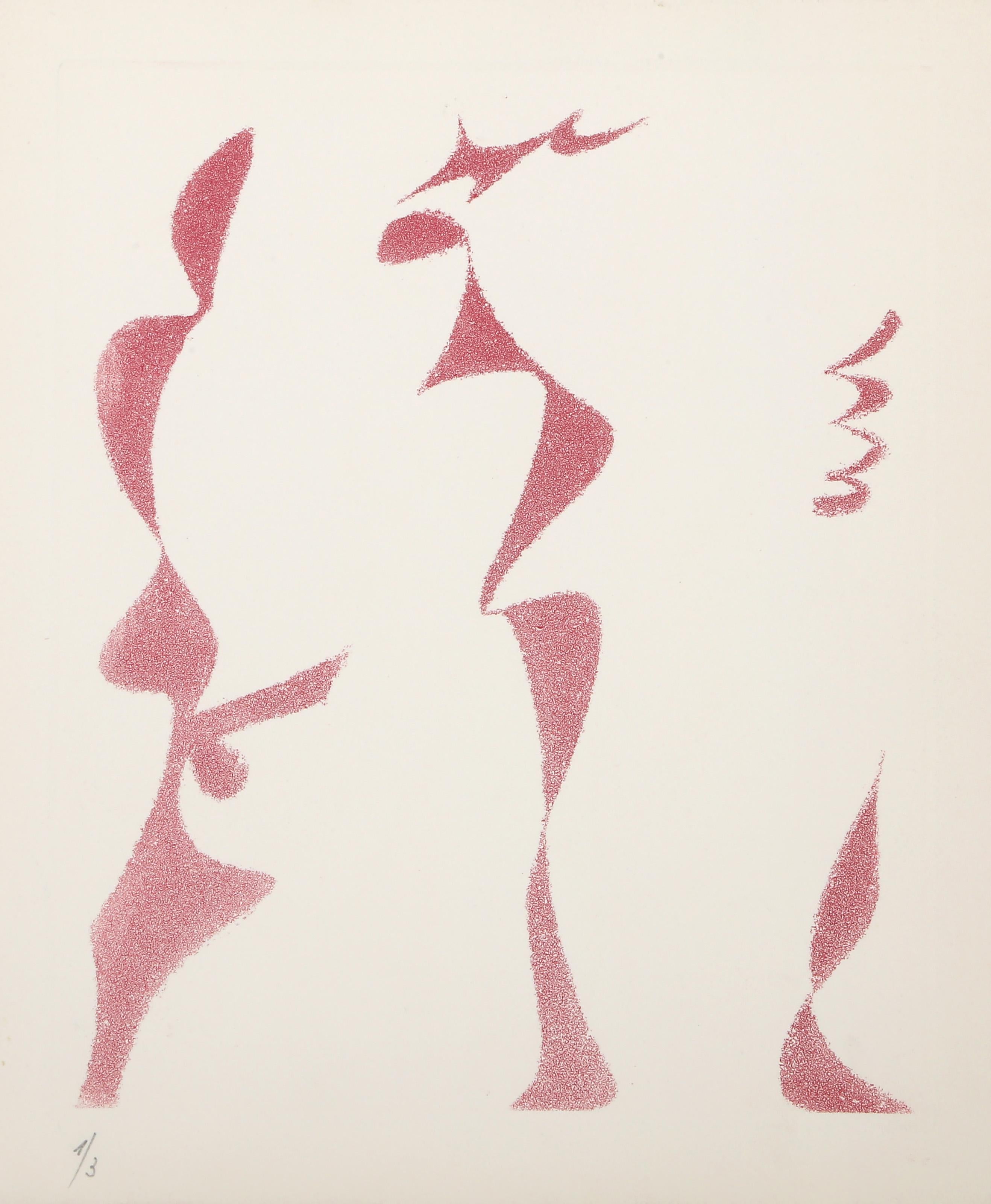 3 Pink Figures, Surrealist Aquatint by André Masson