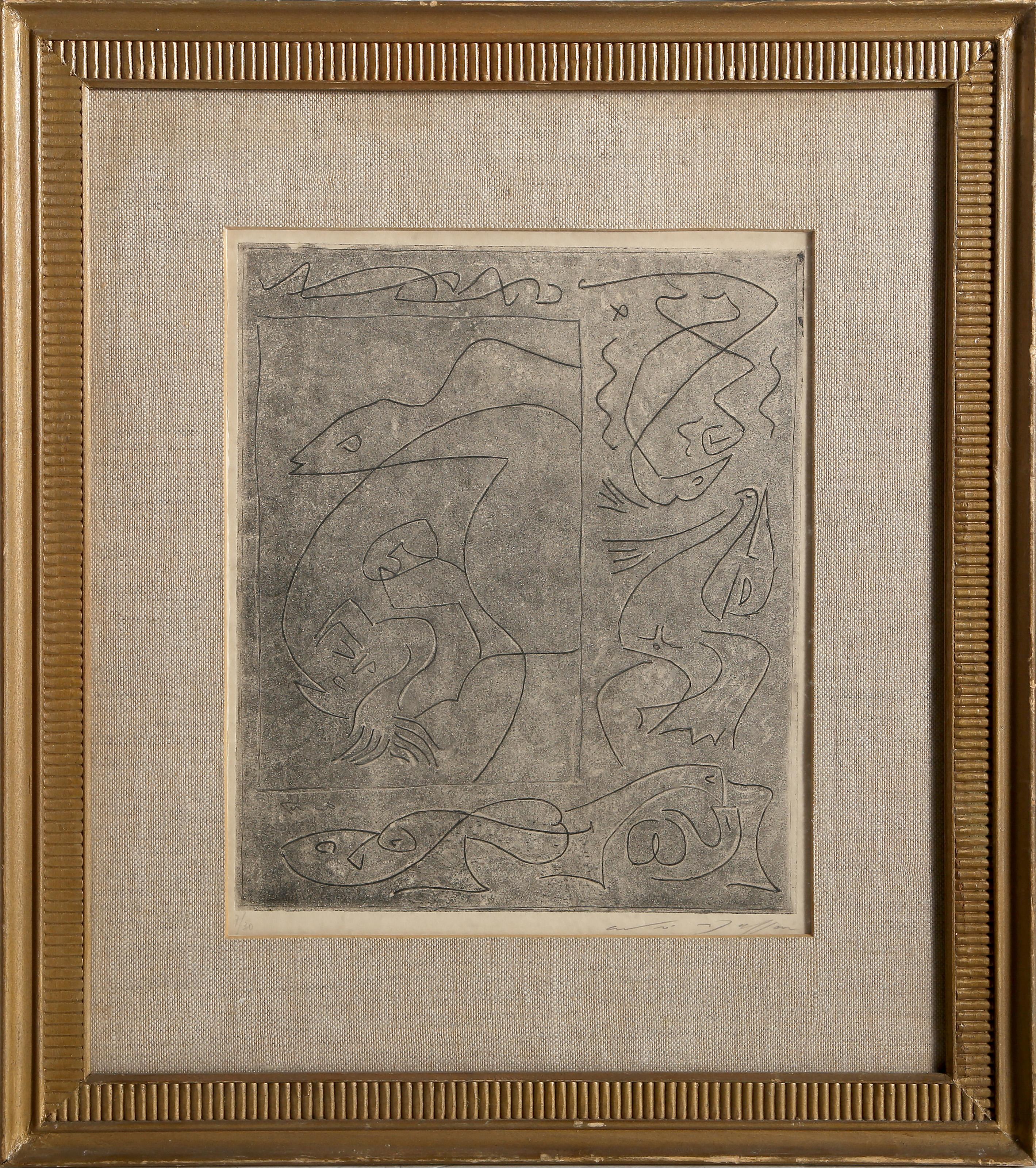 André Masson, French (1896 -1987) - Amours légendaires, Year:  1959, Medium:  Etching, signed and numbered in pencil, Edition:  7/30, Image Size:  11.75 x 9.75 inches, Frame Size:  20.25 x 17.75 inches, Description:  From the collection of the late