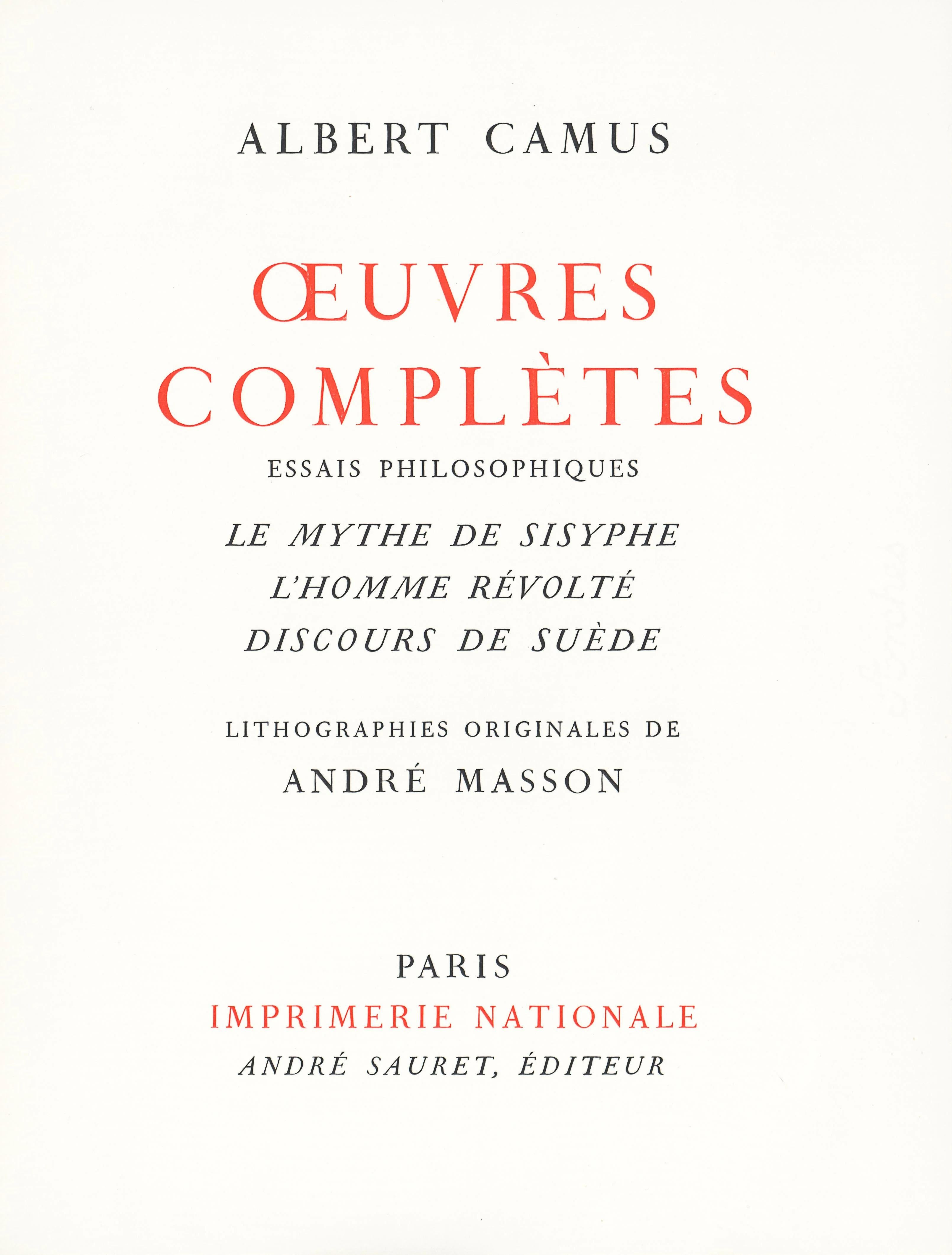 Diese exquisite Lithografie von Andre Masson (1896-1987) mit dem Titel Sans titre (Ohne Titel) stammt aus dem 1962 erschienenen Album Albert Camus, oeuvres completes, essais philosophiques, Le mythe de Sisyphe, L'homme revolte, Discours de Suede,