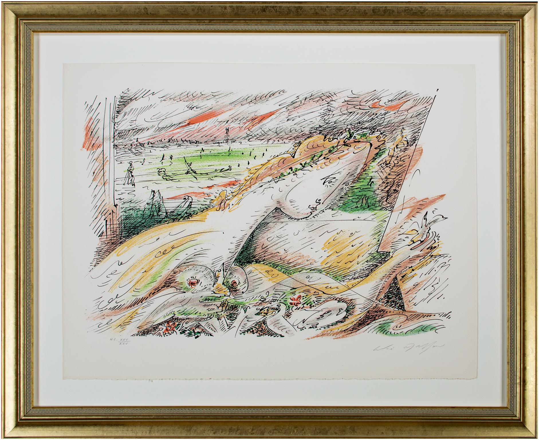 litografía en color del siglo xx figura femenina desnuda paisaje línea expresionista en venta 1
