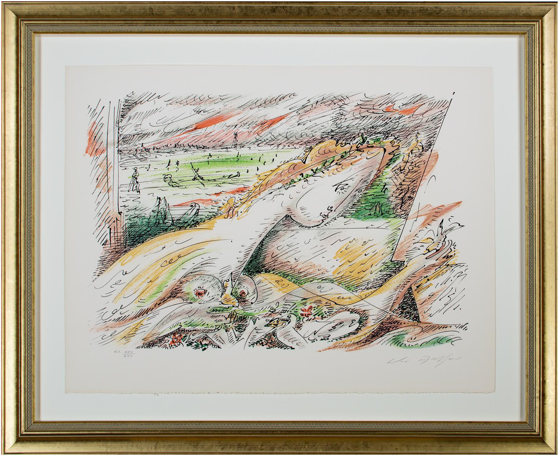 20th century color lithograph nude female figure landscape expressionist line - Surrealist Print by André Masson