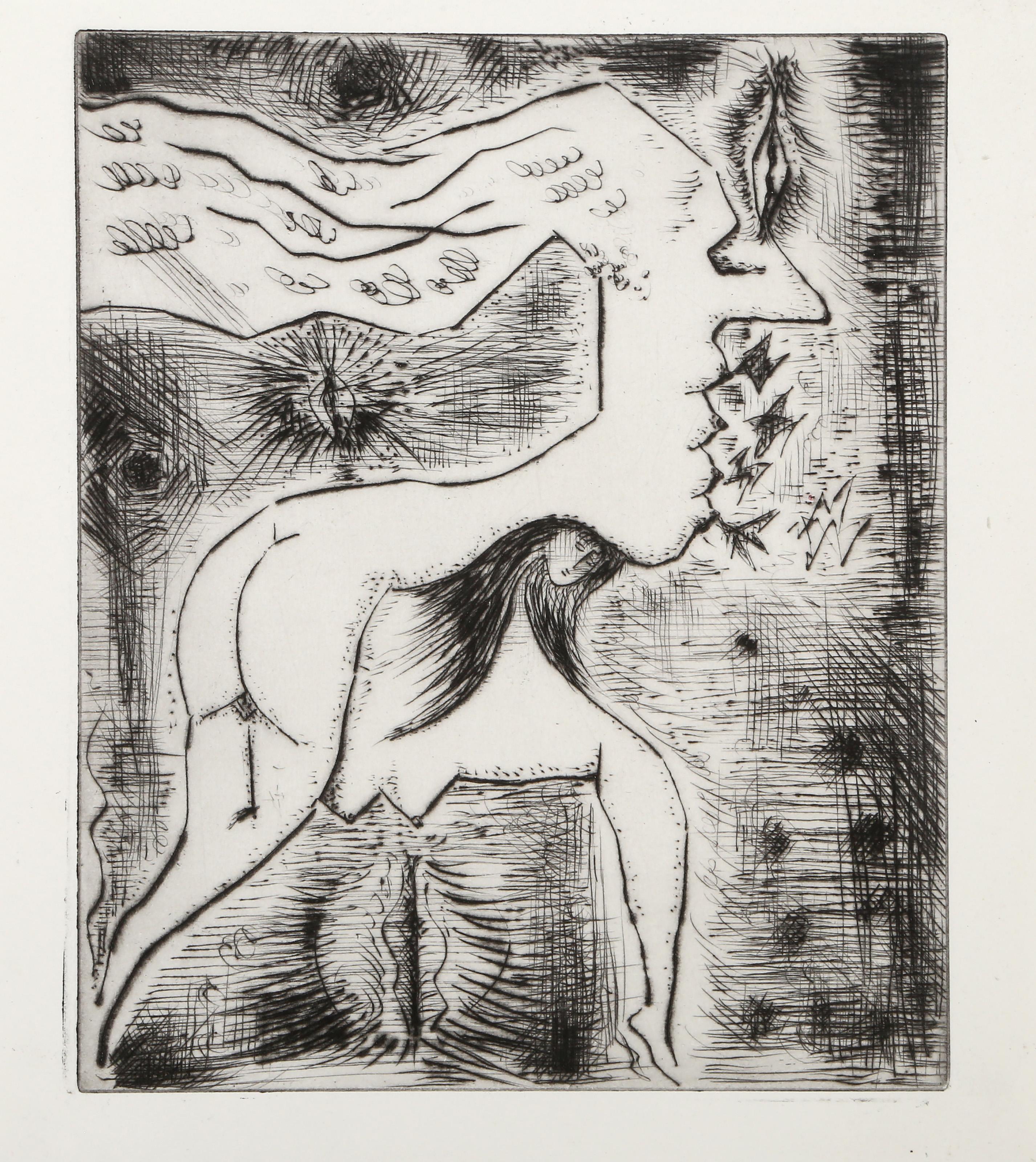 André Masson, Français (1896 -1987) - Deux Femmes en une, Année :  1956, Medium :  Gravure, Taille de l'image :  9.75 x 8 pouces, Taille :  11 x 9.75 in. (27.94 x 24.77 cm), Description :  Provenant de la collection de feu Larry Saphire.
