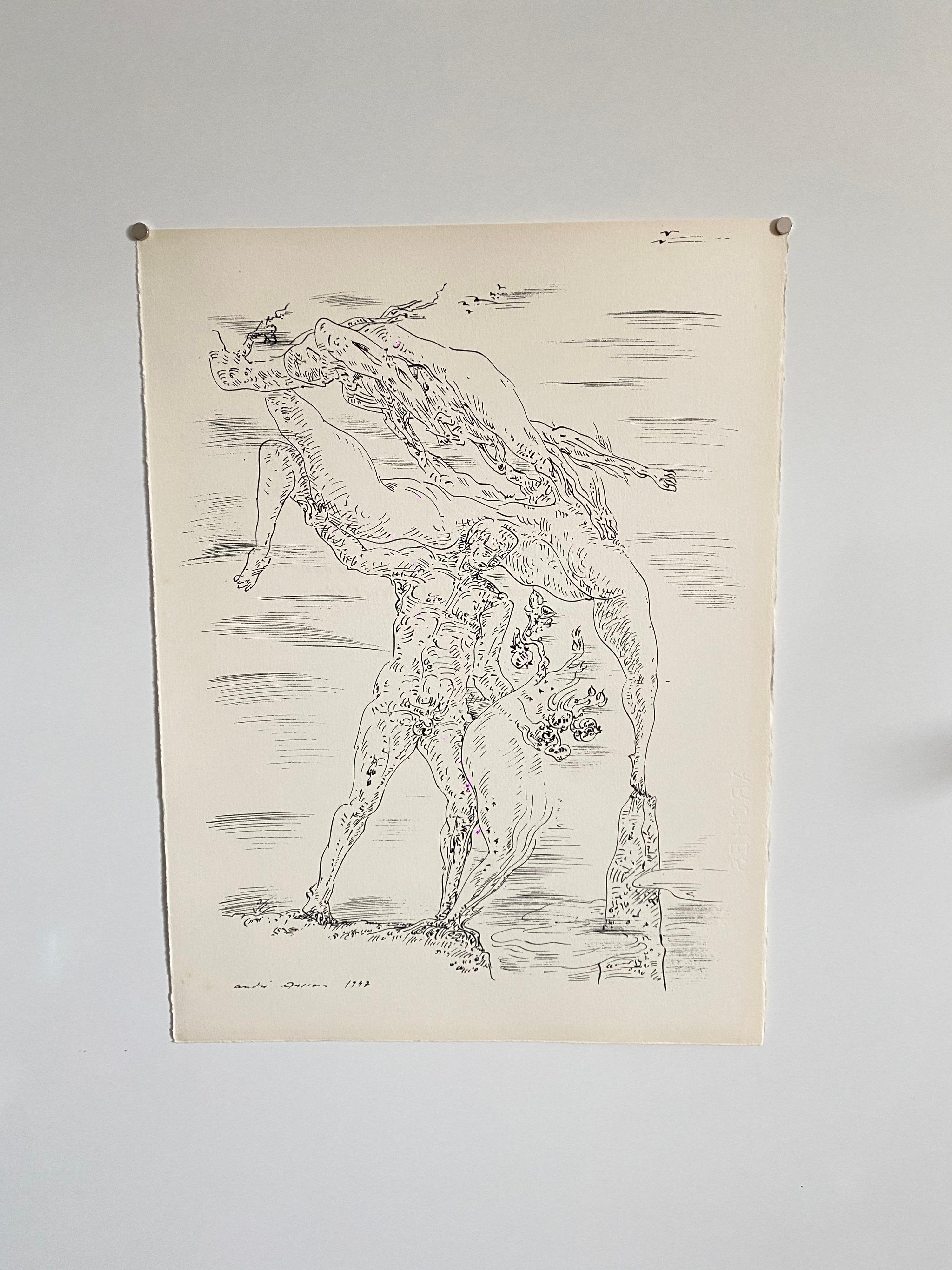 Questo è tratto dalla suite di Jean Paul Sartre e Andre Masson, edizione limitata a 175 esemplari, pubblicata da Fernand Mourlot, 1961. La cartella è numerata #29/175 e firmata a mano da Andre Masson, mentre i singoli fogli non sono firmati o