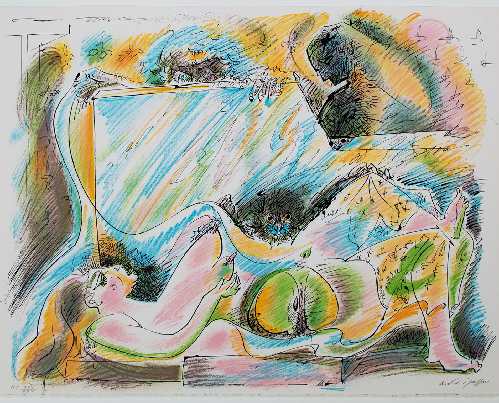 "La Naissance D'Eve" est une lithographie originale en couleurs du portfolio "Je Reve (I Dream)" d'André Masson. L'artiste a signé l'œuvre en bas à droite au crayon et a inscrit le numéro d'édition, H.C. XXV/XXV, en bas à gauche. Cette pièce