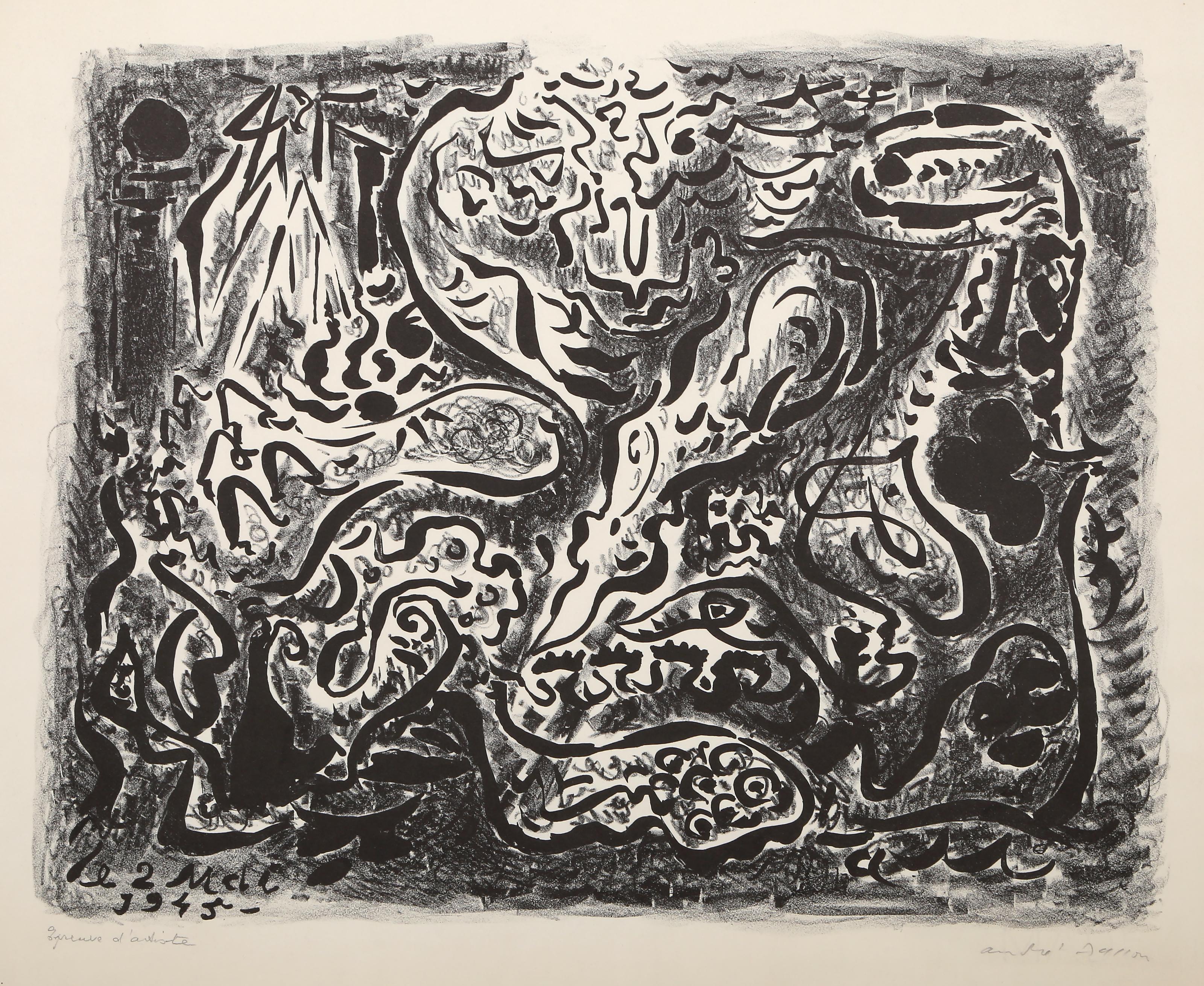 André Masson Figurative Print - Le 2 Mai 1945, Surrealist Lithograph by Andre Masson