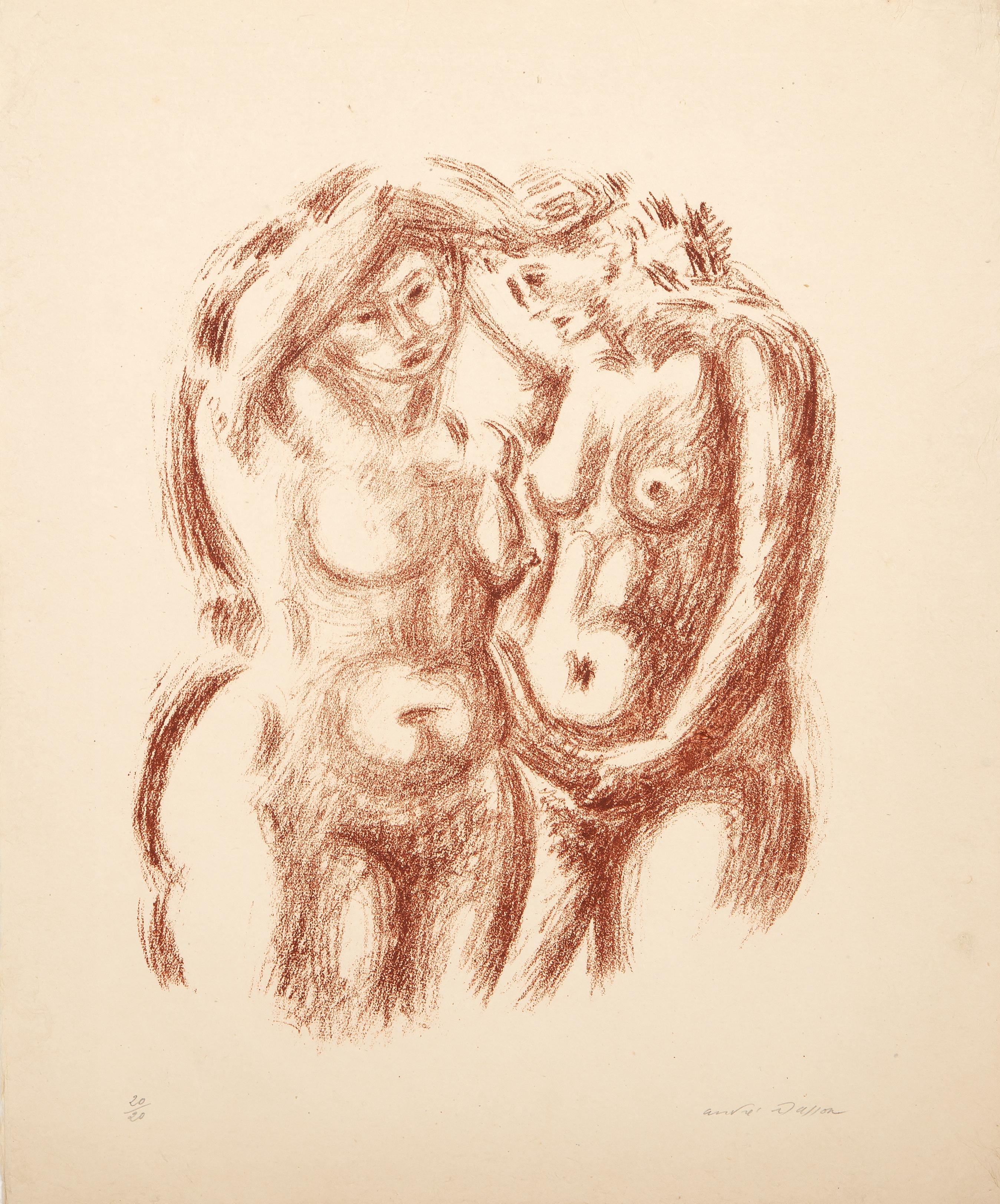Les Deux Nus, Modern Lithograph by Andre Masson - Orange Portrait Print by André Masson