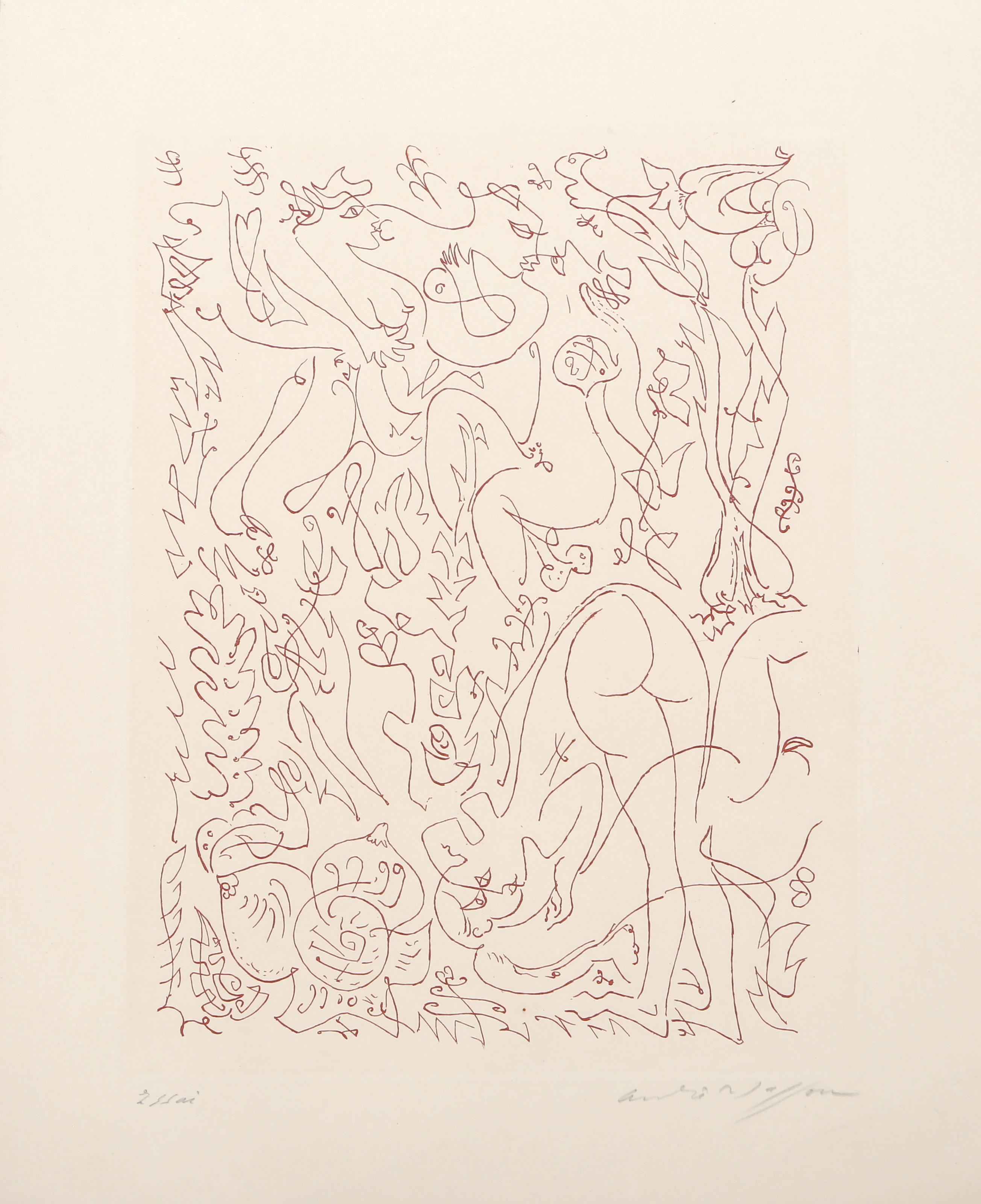 Figures nues dans un jardin, gravure surréaliste d'André Masson en vente 1
