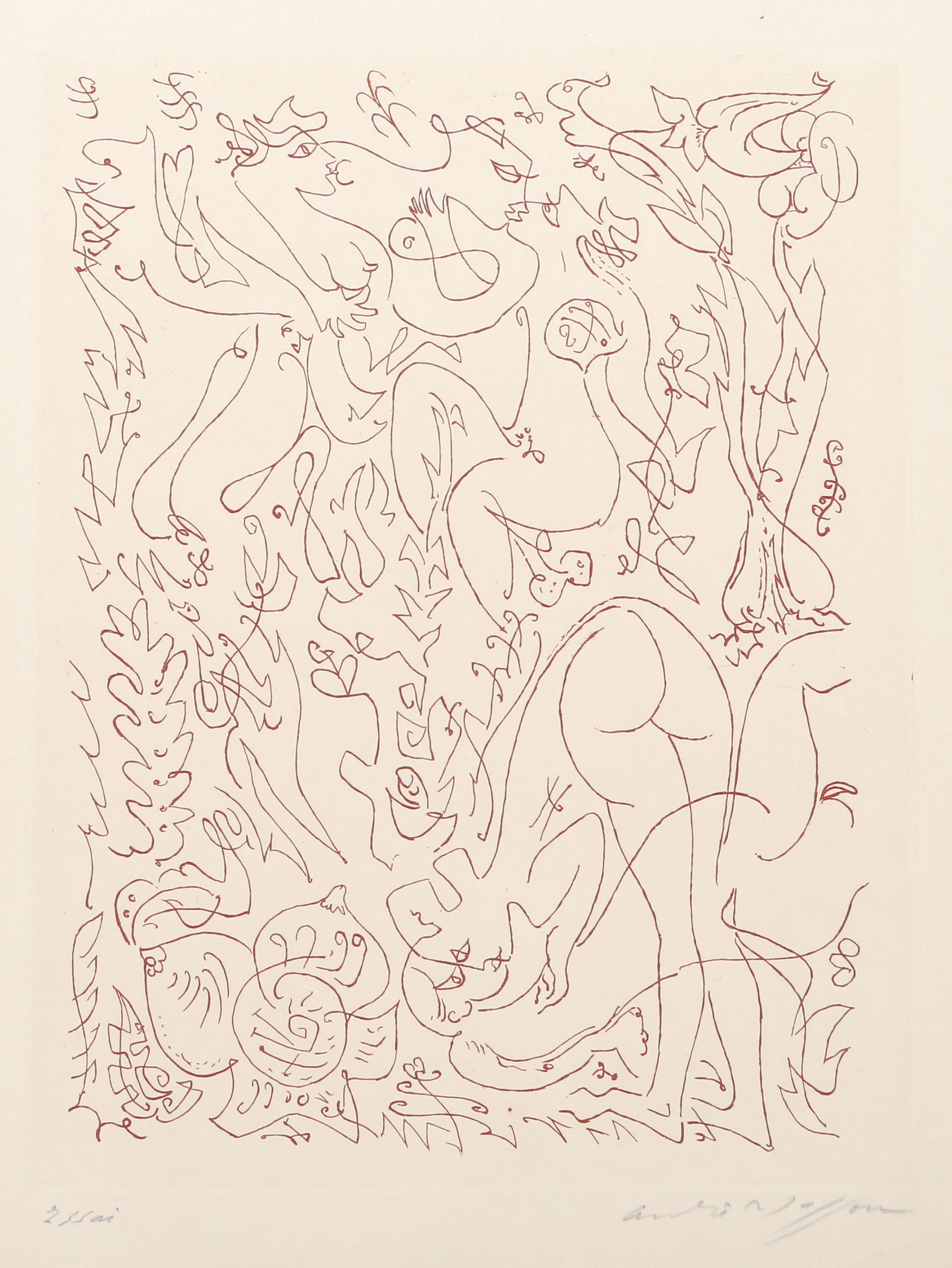 Figures nues dans un jardin, gravure surréaliste d'André Masson