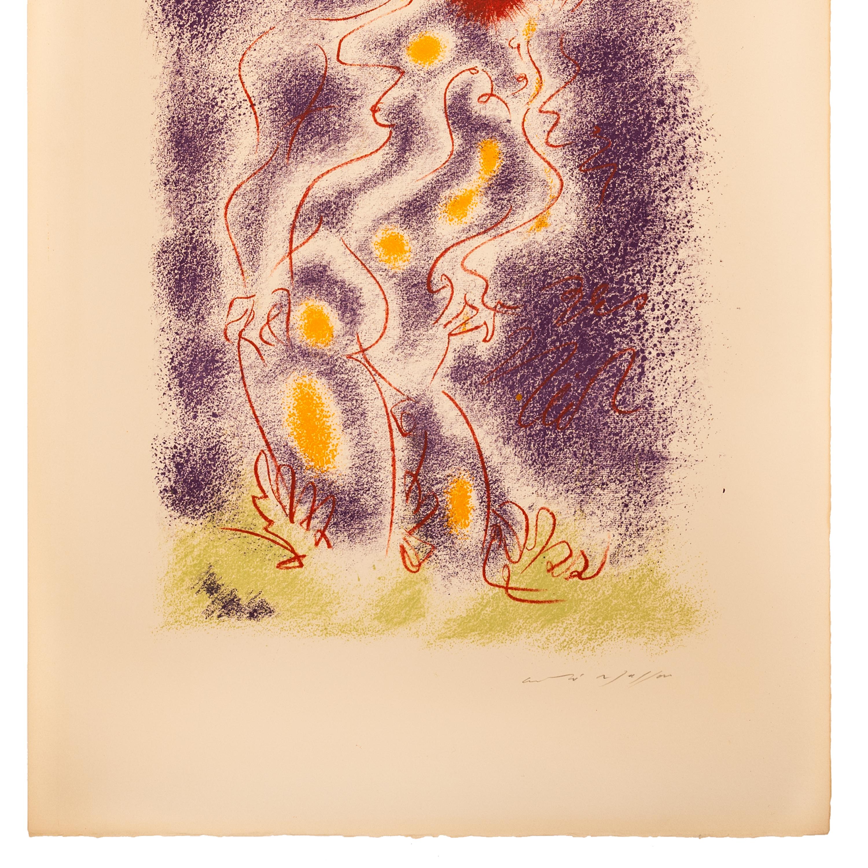 Andre Masson 
Les Amoureux (The Lovers)
Created in 1959, this original color lithograph is hand signed in ink by Andre Masson (1896-1987) in the lower right margin. This is an artist proof  from a numbered edition of 220 on Arches wove paper.