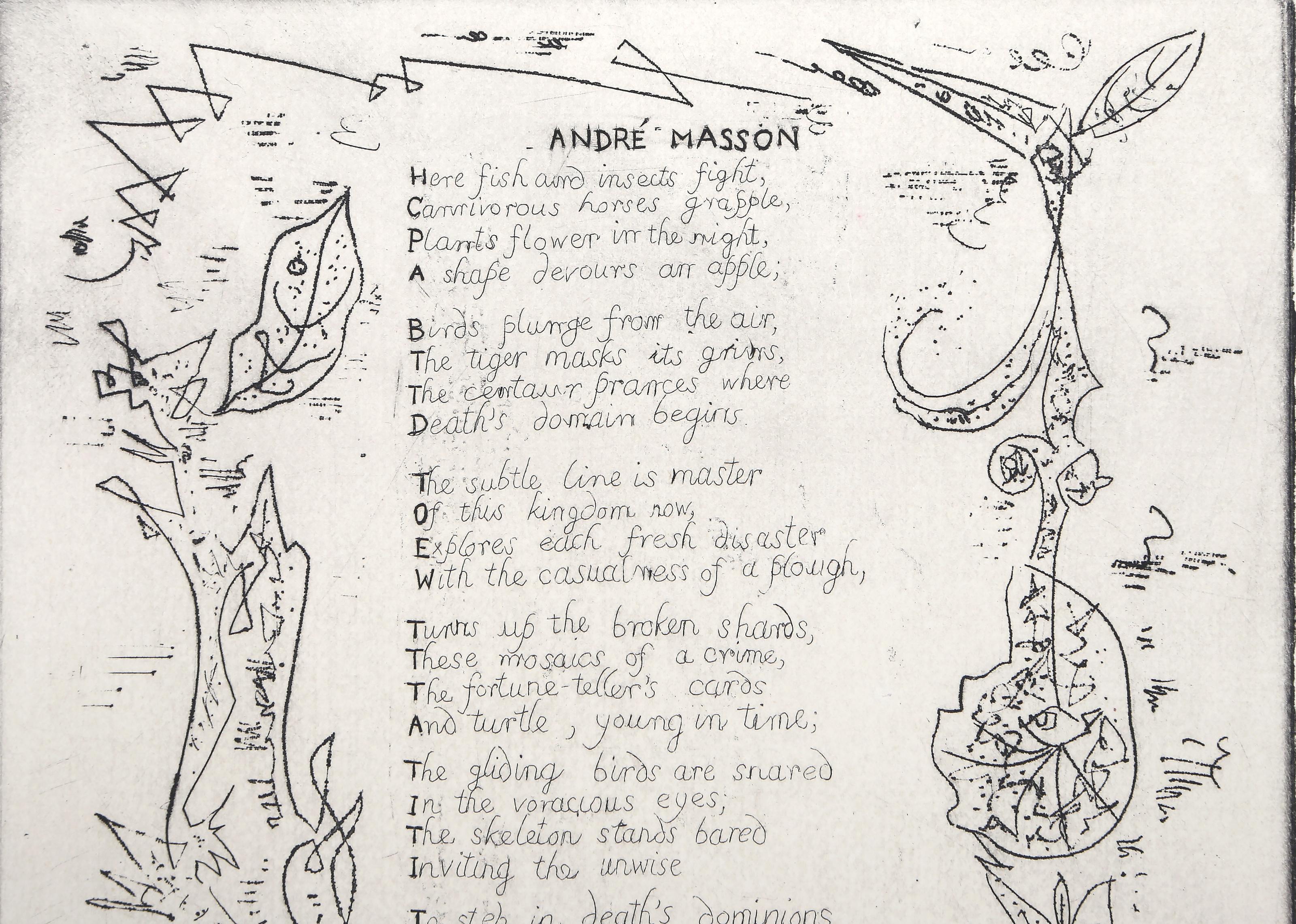 Ruthven Todd, Gedicht, surrealistische Radierung mit Aquatinta und Text von Andre Masson – Print von André Masson