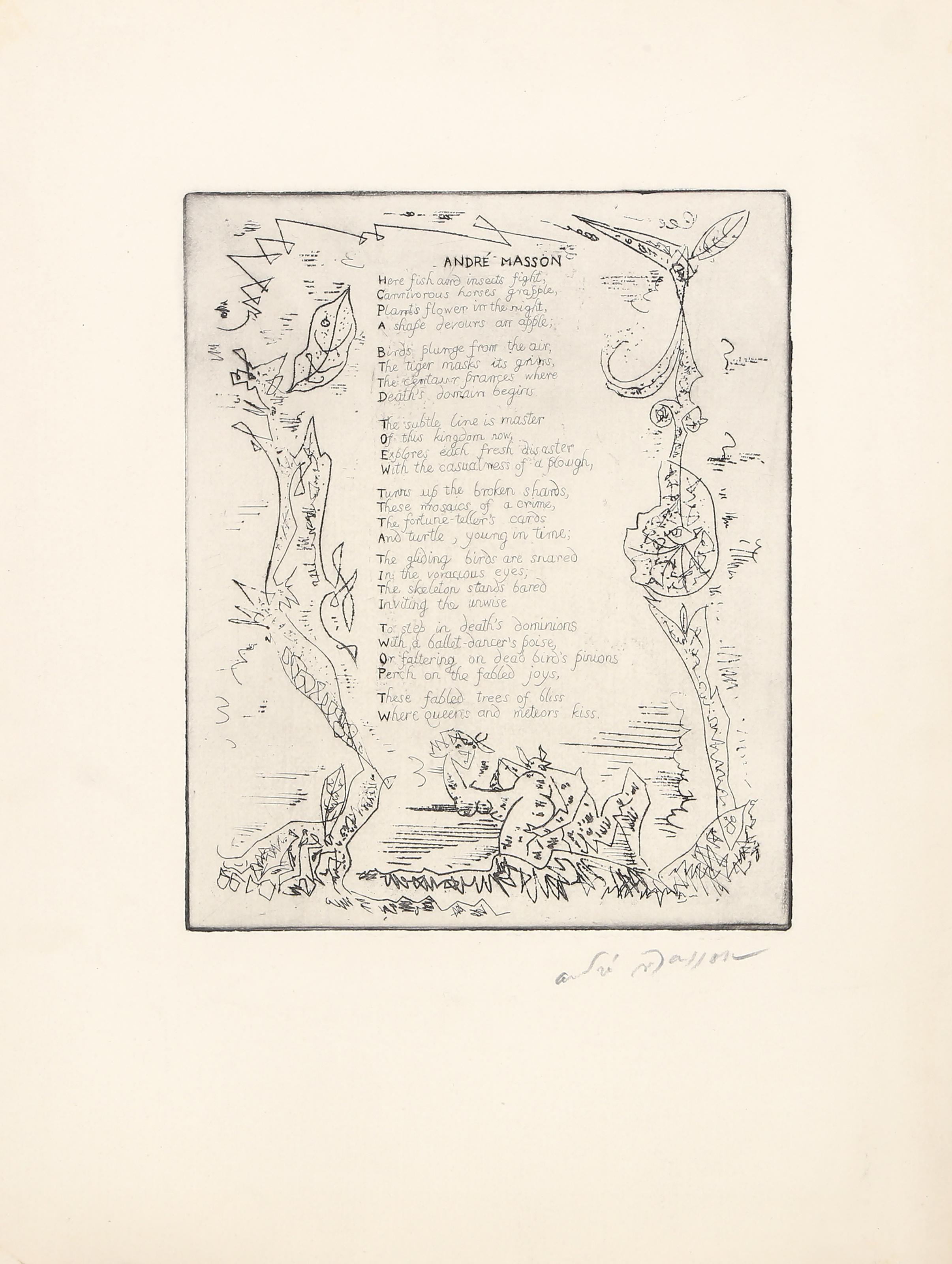 Ruthven Todd, Gedicht, surrealistische Radierung mit Aquatinta und Text von Andre Masson (Surrealismus), Print, von André Masson